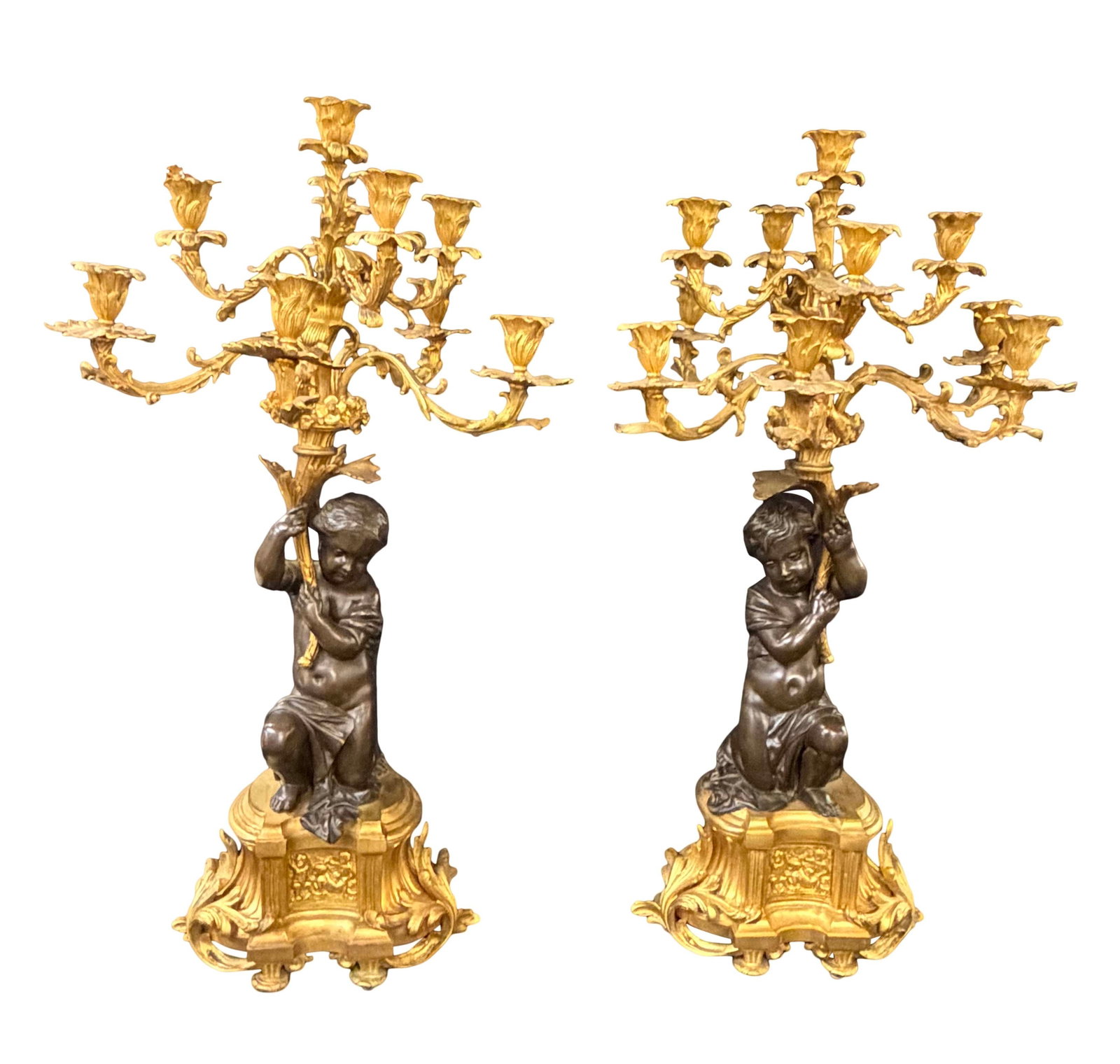 PAIR OF LARGE BRONZE CHERUB CANDELABRA 31"H X 17"W EACH (1 of 3)