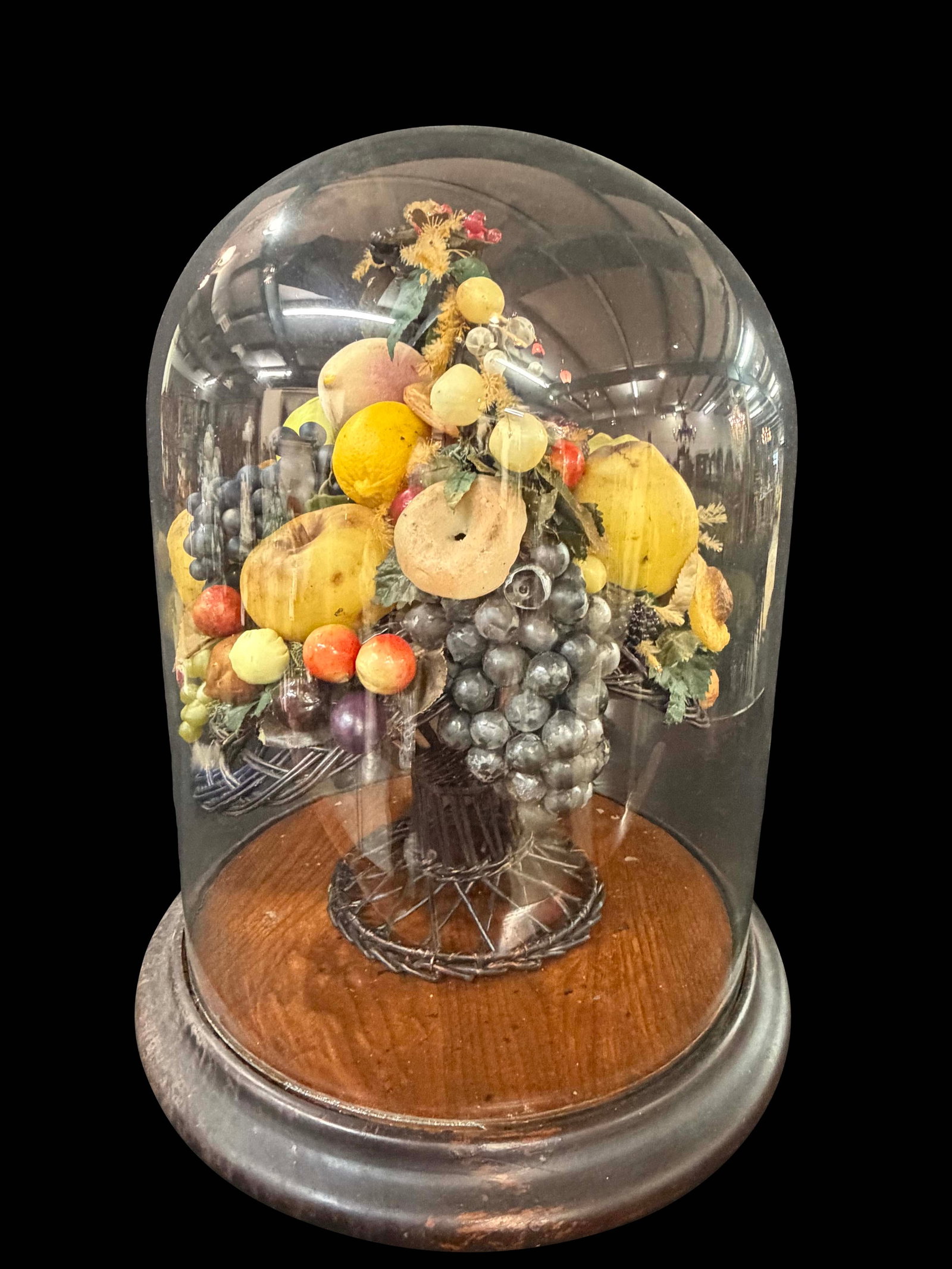 VICTORIAN GLASS DOME WITH COMPOSITION FRUIT BASKET UNDER DOME, 20"H X 15"W (1 of 1)