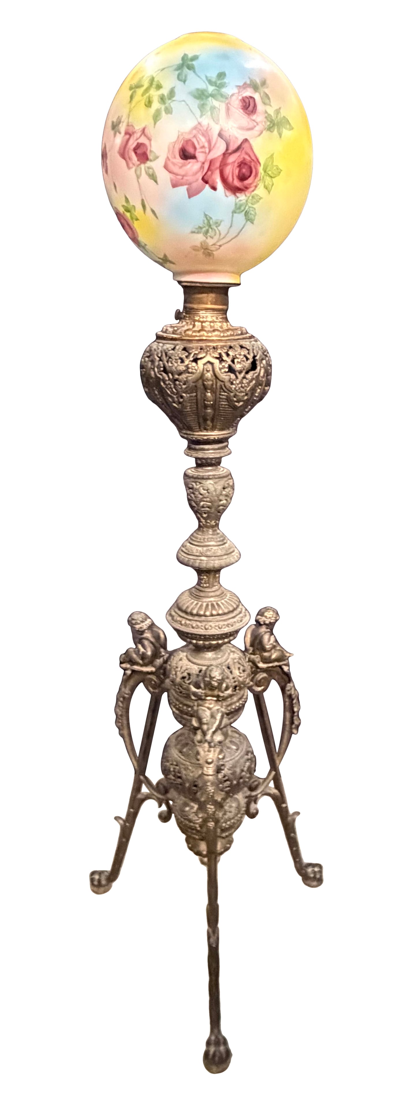 ORNATE TRIPOD OIL FLOOR LAMP WITH 3 SITTING CHERUBS AND CLAW FEET, WITHOUT SHADE 52"H X 15"W, SHADE (1 of 5)