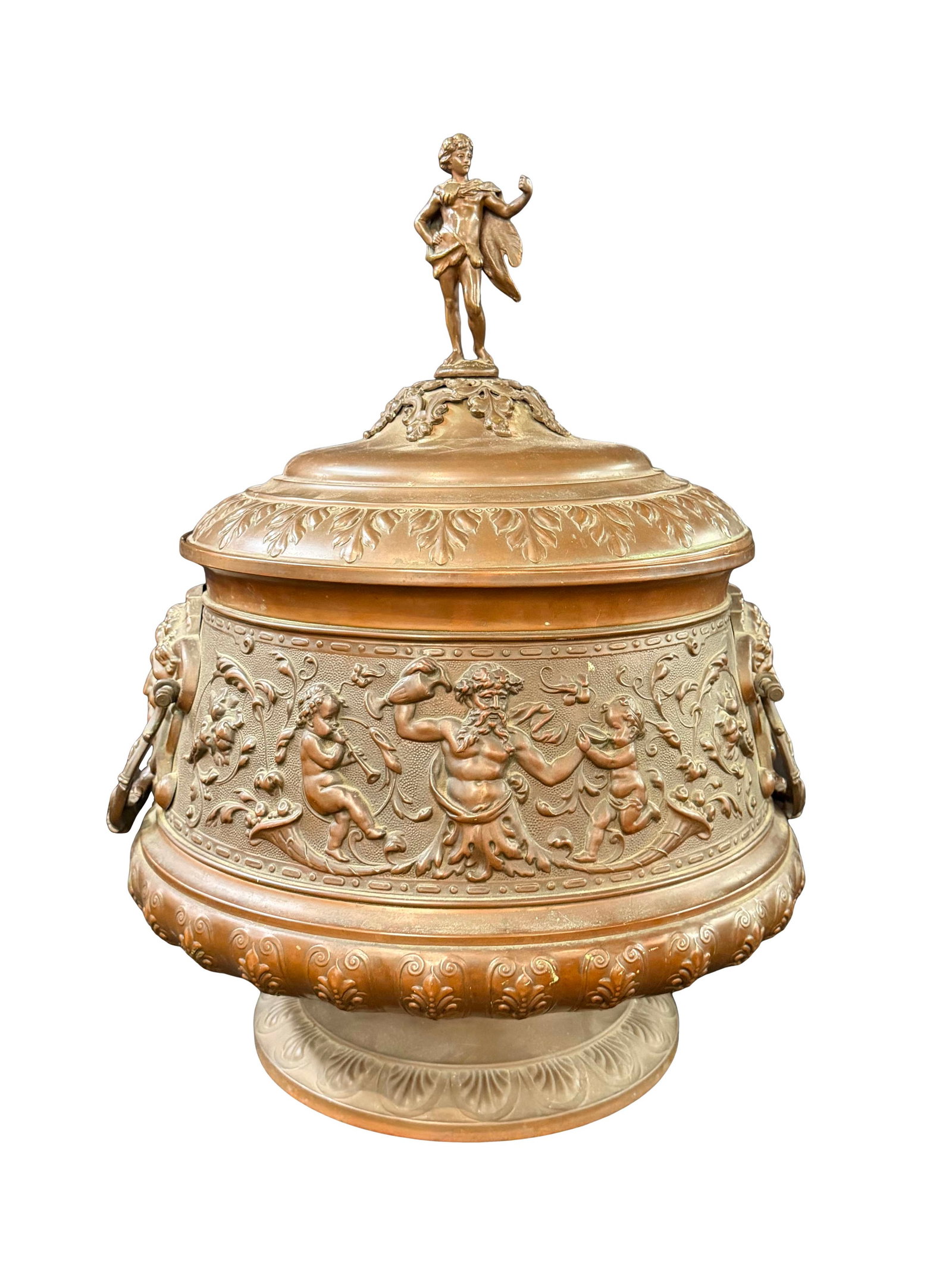 COPPER PLANTER VERY ORNATE WITH FIGURES, AND METAL INSERT, WITH LID, 23"H X 17"W: COPPER PLANTER VERY ORNATE WITH FIGURES, AND METAL INSERT, WITH LID, 23"H X 17"W