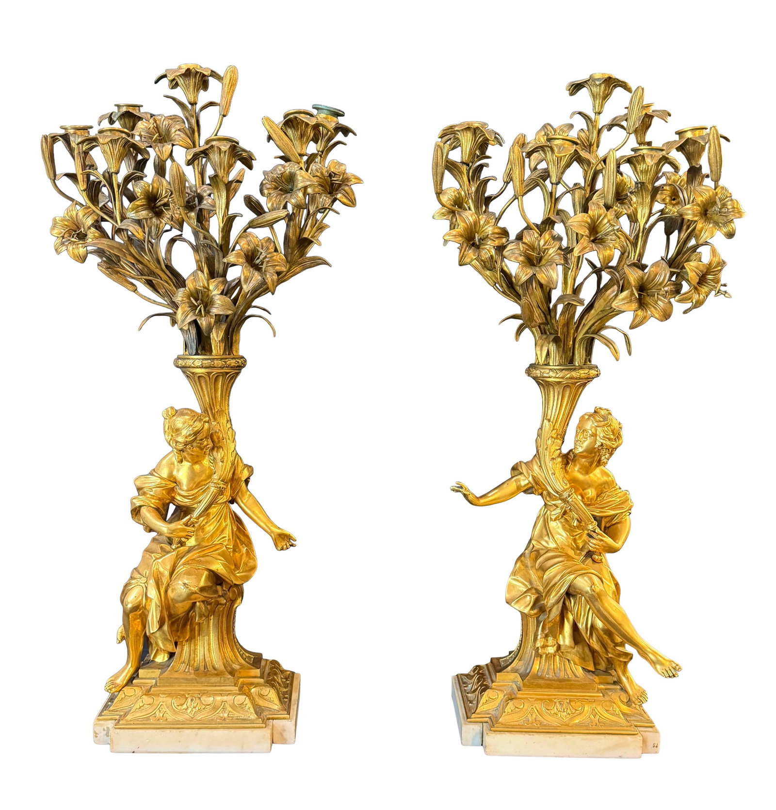 GREAT PAIR OF HEAVY DORE' BRONZE LADY RIGHT AND LEFT 7 ARM ORNATE CANDELABRA ON MARBLE BASES, SIZE (1 of 1)