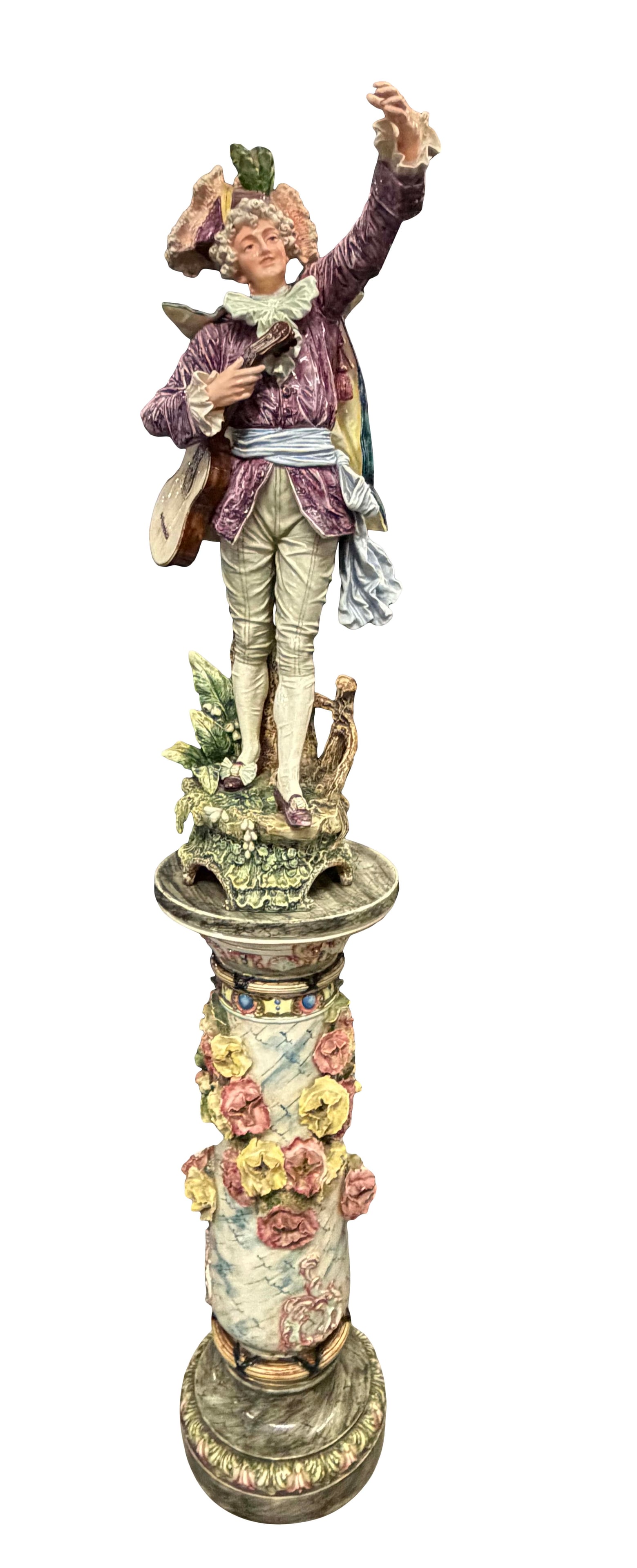 CAMPO DE MONTE PORCELAIN STATUE OF GENTLEMAN HOLDING A GUITAR, 34"H X 14"W (1 of 5)