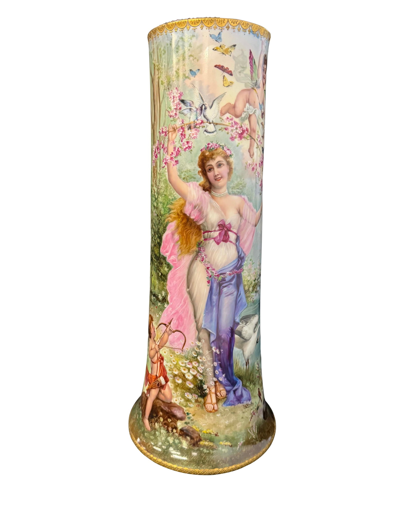 EXTRA TALL HAND PAINTED LIMOGES VASE WITH LADY, CHERUBS, AND BUTTERFLIES, SIZE 20"H, BASE 8 1/2"W (1 of 5)