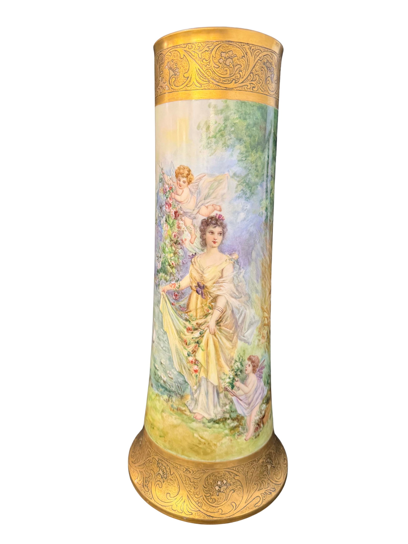 EXTRA TALL HAND PAINTED LIMOGES VASE WITH LADY AND CHERUBS, 20"H X 8 1/2"W (1 of 3)