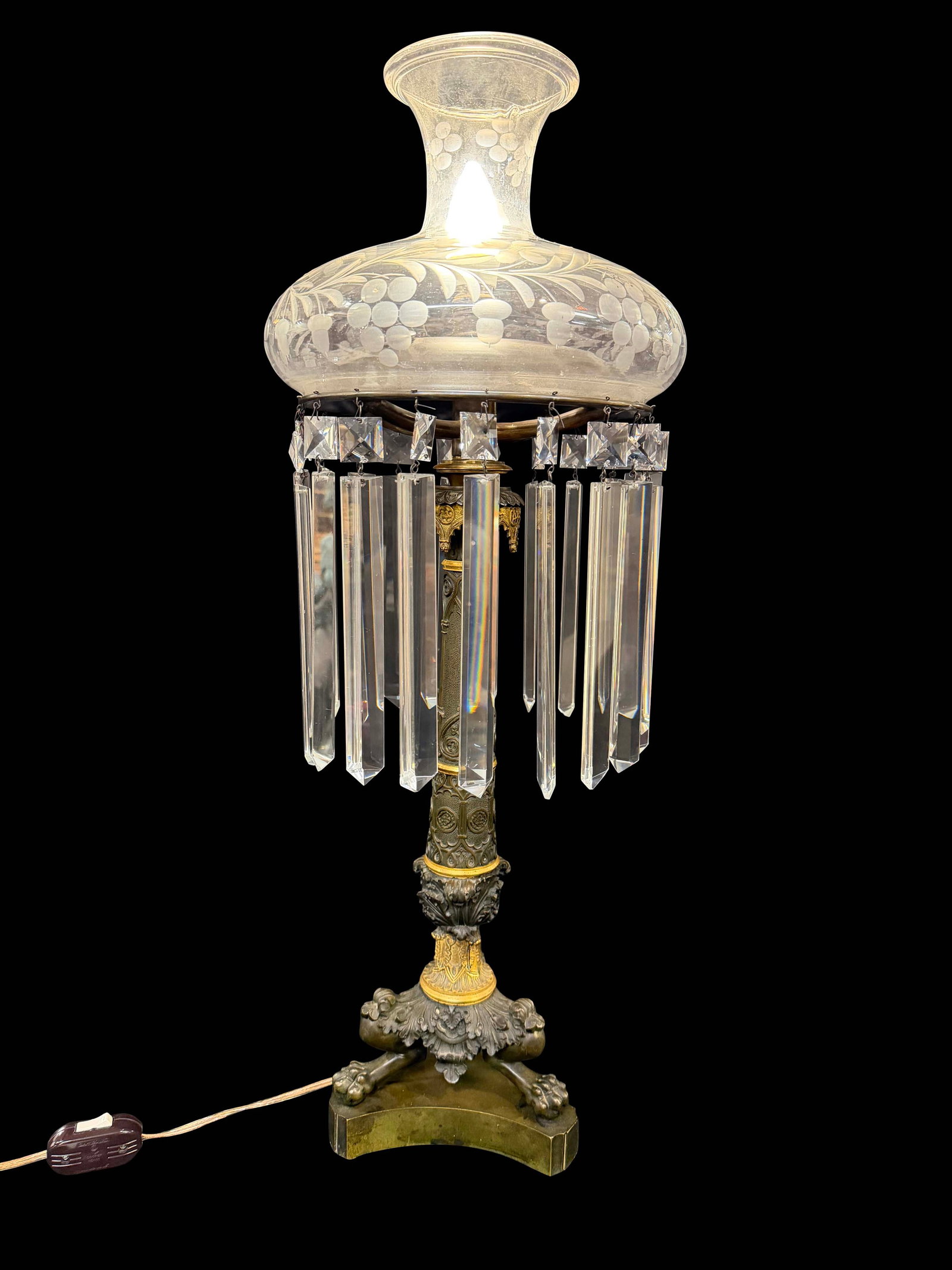 FEDERAL STYLE SOLAR LAMP WITH CLAW FEET AND CRYSTAL PRISMS, CHECK WIRING, 30"H X 12"W (1 of 3)