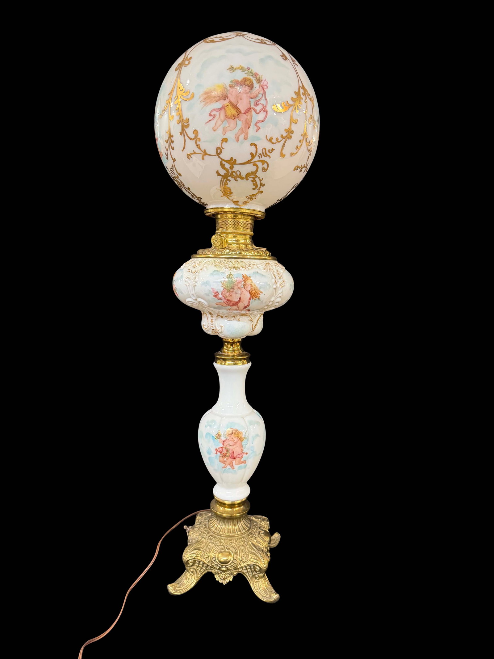 TALL PORCELAIN GONE WITH THE WIND LAMP W/ CHERUBS AND GILT METAL AND ORNATE BASE, CHECK WIRING, (1 of 2)
