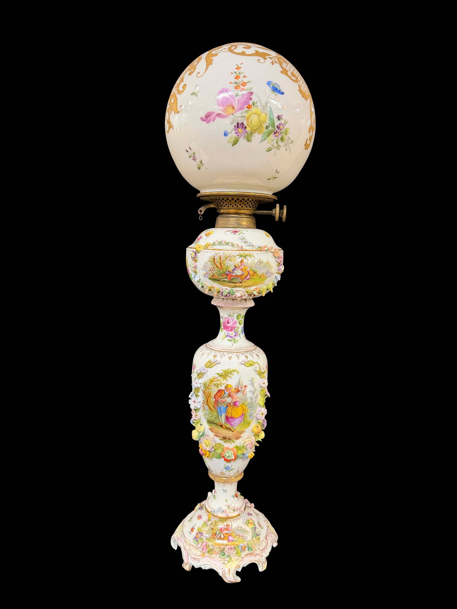 ORNATE PORCELAIN BANQUET LAMP WITH PAINTED SCENES MARKED GERMANY 29"H X 8"W (1 of 3)