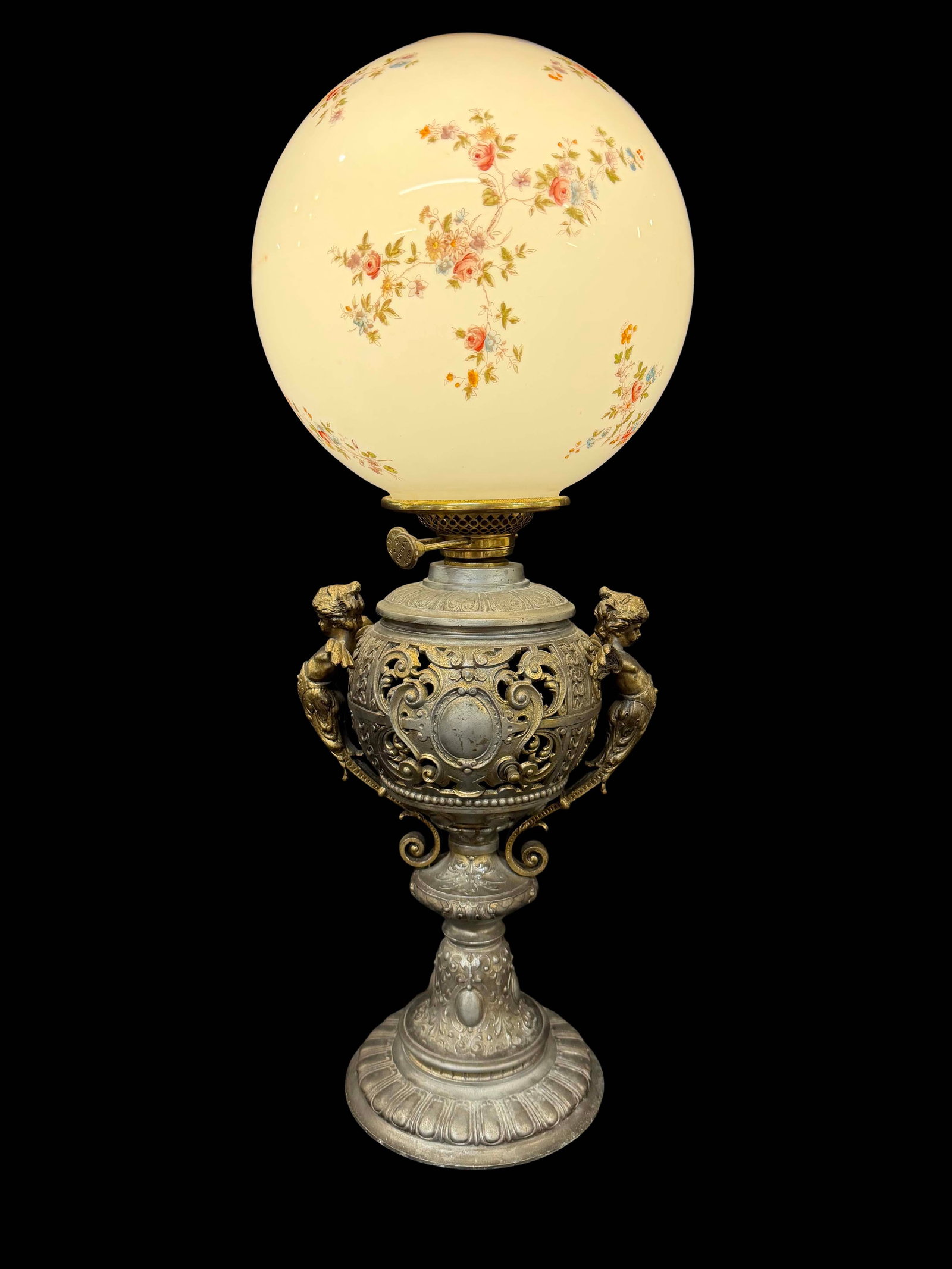 OIL BANQUET LAMP WITH WINGED LADIES, HAS BEEN ELECTRIFIED - CHECK WIRING 25"H X 10"W (1 of 3)