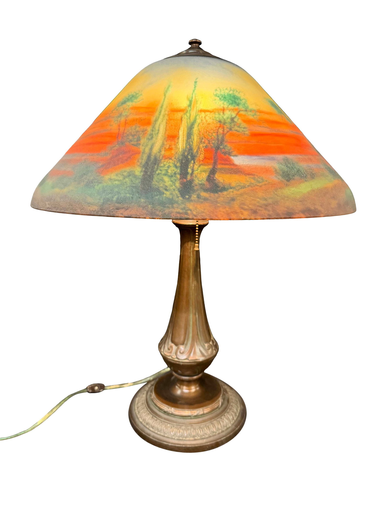 TABLE LAMP WITH REVERSE PAINTED GLASS SHADE WITH LANDSCAPE SCENE, CHECK WIRING, 23"H X 18"W (1 of 3)