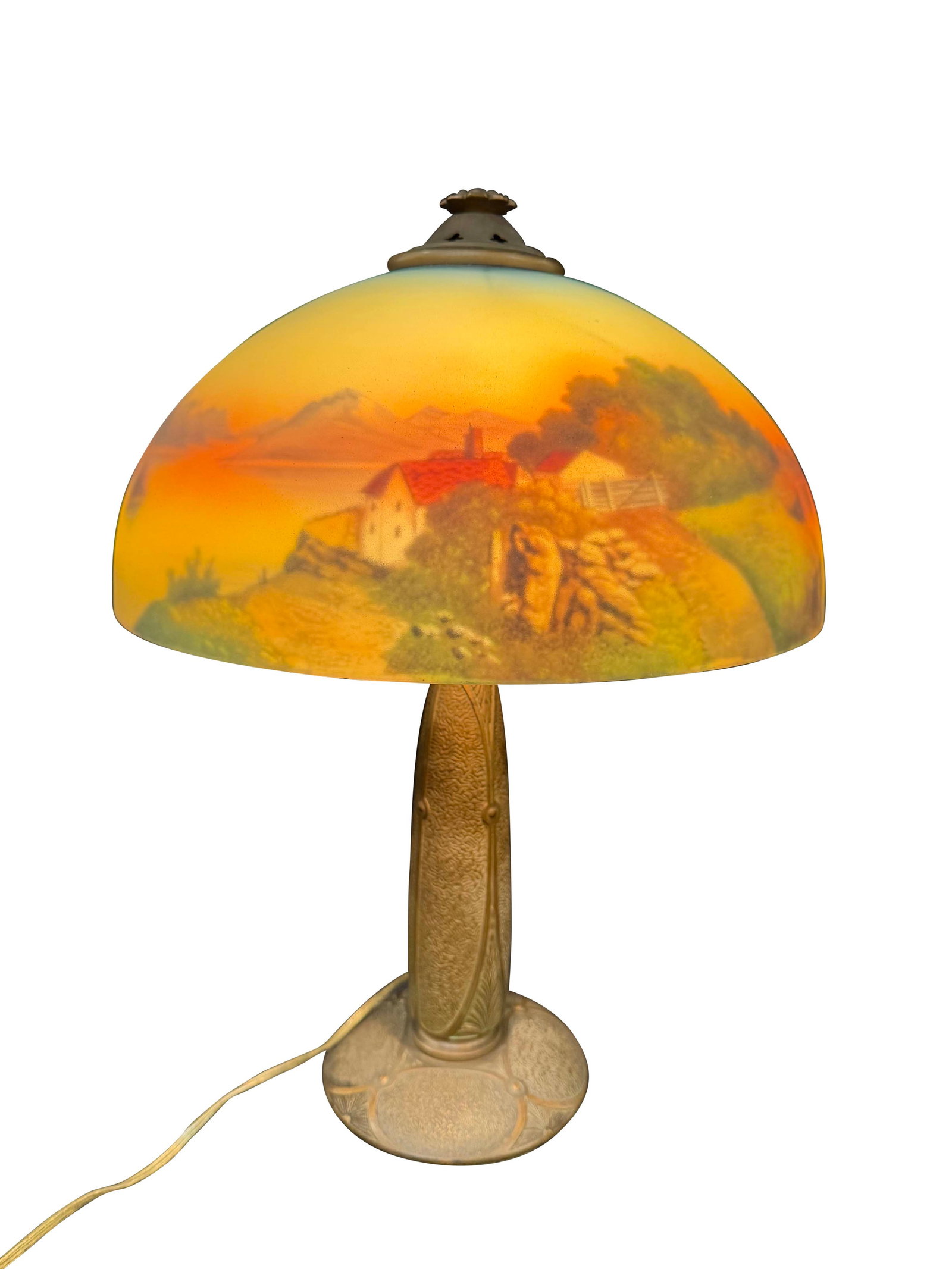 TABLE LAMP WITH REVERSE PAINTED GLASS SHADE WITH SCENIC LANDSCAPE, CHECK WIRING, 22"H X 16"W (1 of 4)