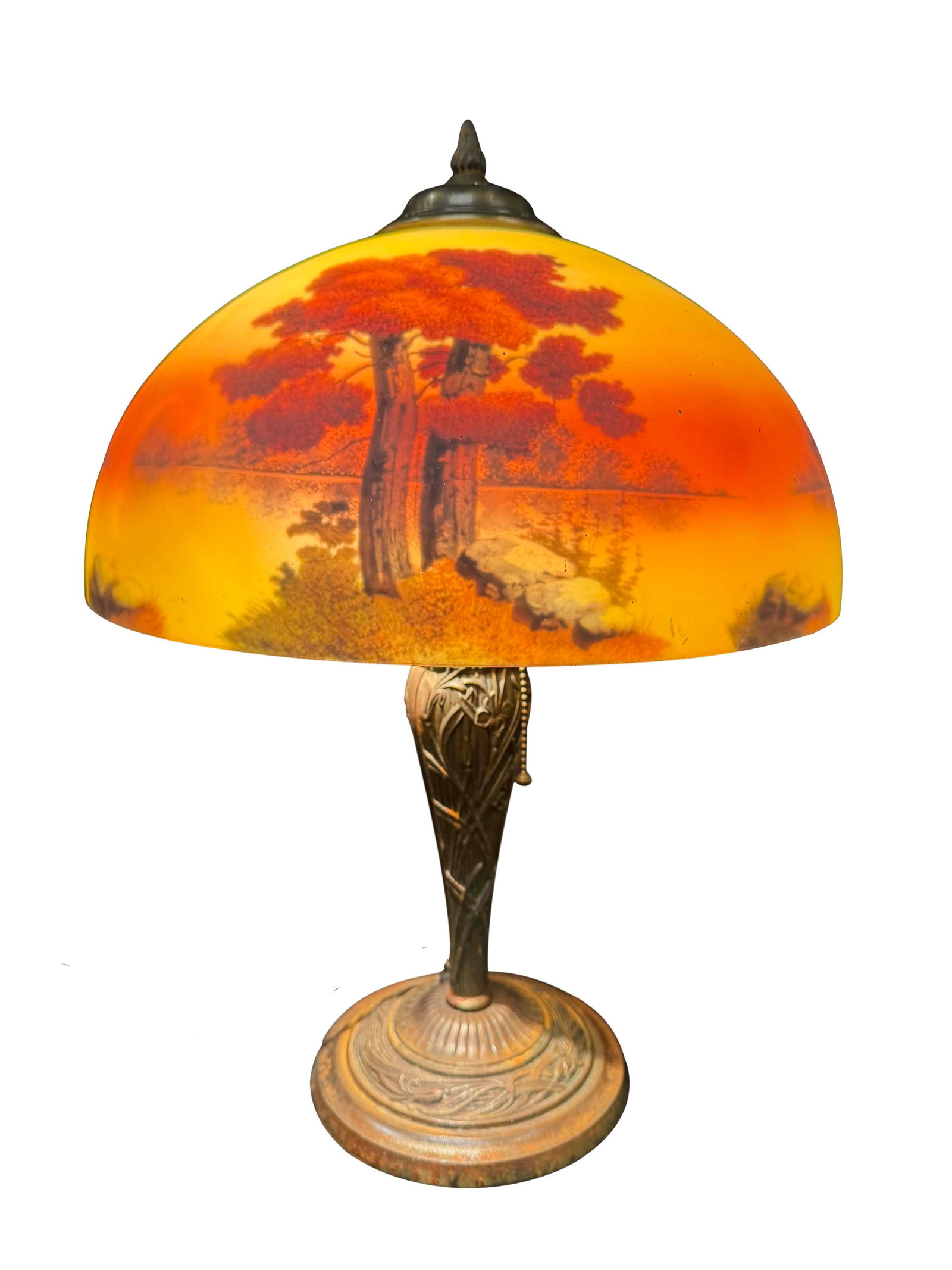 TABLE LAMP WITH REVERSE PAINTED GLASS SHADE WITH SCENIC LANDSCAPE, CHECK WIRING, 22"H X 16"W (1 of 3)