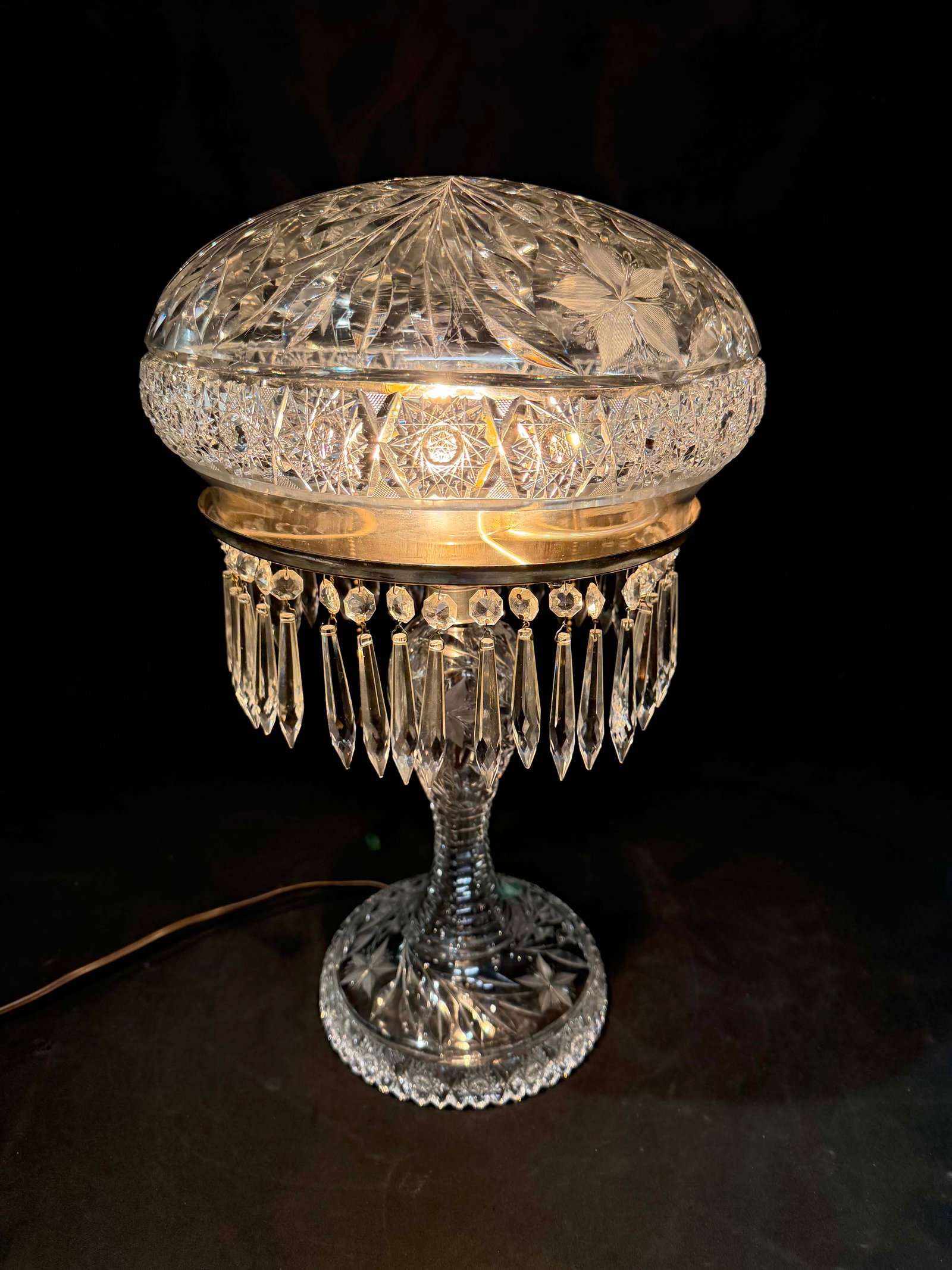 VICTORIAN CUT GLASS TABLE LAMP WITH CRYSTAL PRISMS, CHECK WIRING, 20"H X 12"W (1 of 2)