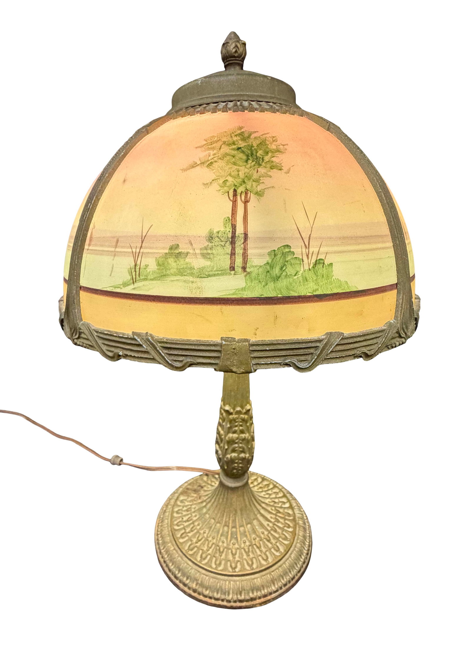SMALL TABLE LAMP WITH REVERSE PAINTED GLASS SHADE WITH SCENIC LANDSCAPE, CHECK WIRING, 16"H X 10"W (1 of 3)