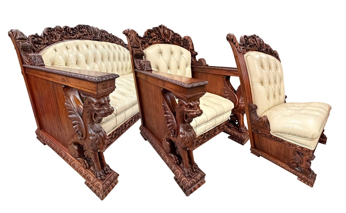 KARPEN FURNITURE CO. - 3 PC CARVED MAHOGANY PARLOR SUITE WITH STANDING WINGED GRIFFINS, BUTTON (1 of 15)