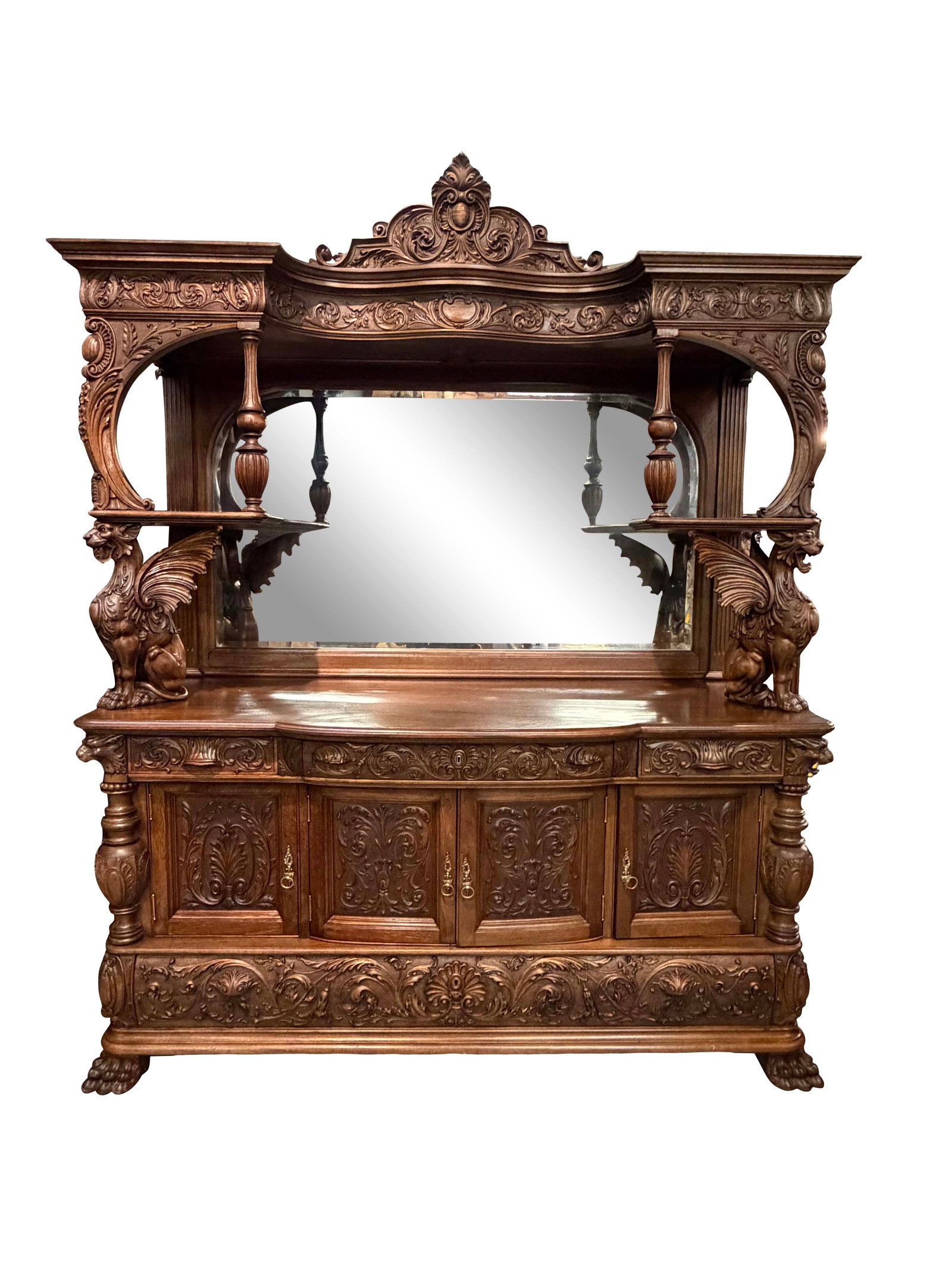 ATTR: R.J. HORNER - HEAVY CARVED MAHOGANY SIDEBOARD WITH WINGED GRIFFINS, 92"H X 74'W X 27"D (1 of 4)