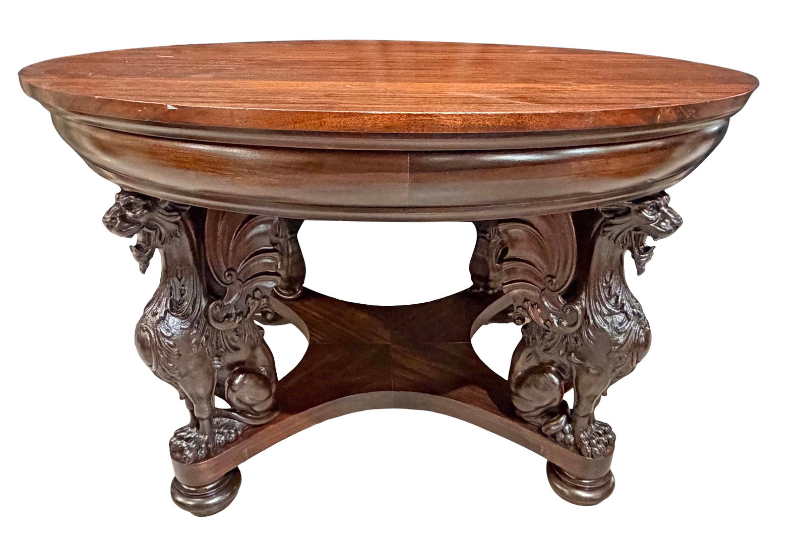 ATTR: R.J. HORNER - MAHOGANY 48" ROUND CENTER TABLE WITH FULL STANDING WINGED GRIFFINS, HAS AN (1 of 4)