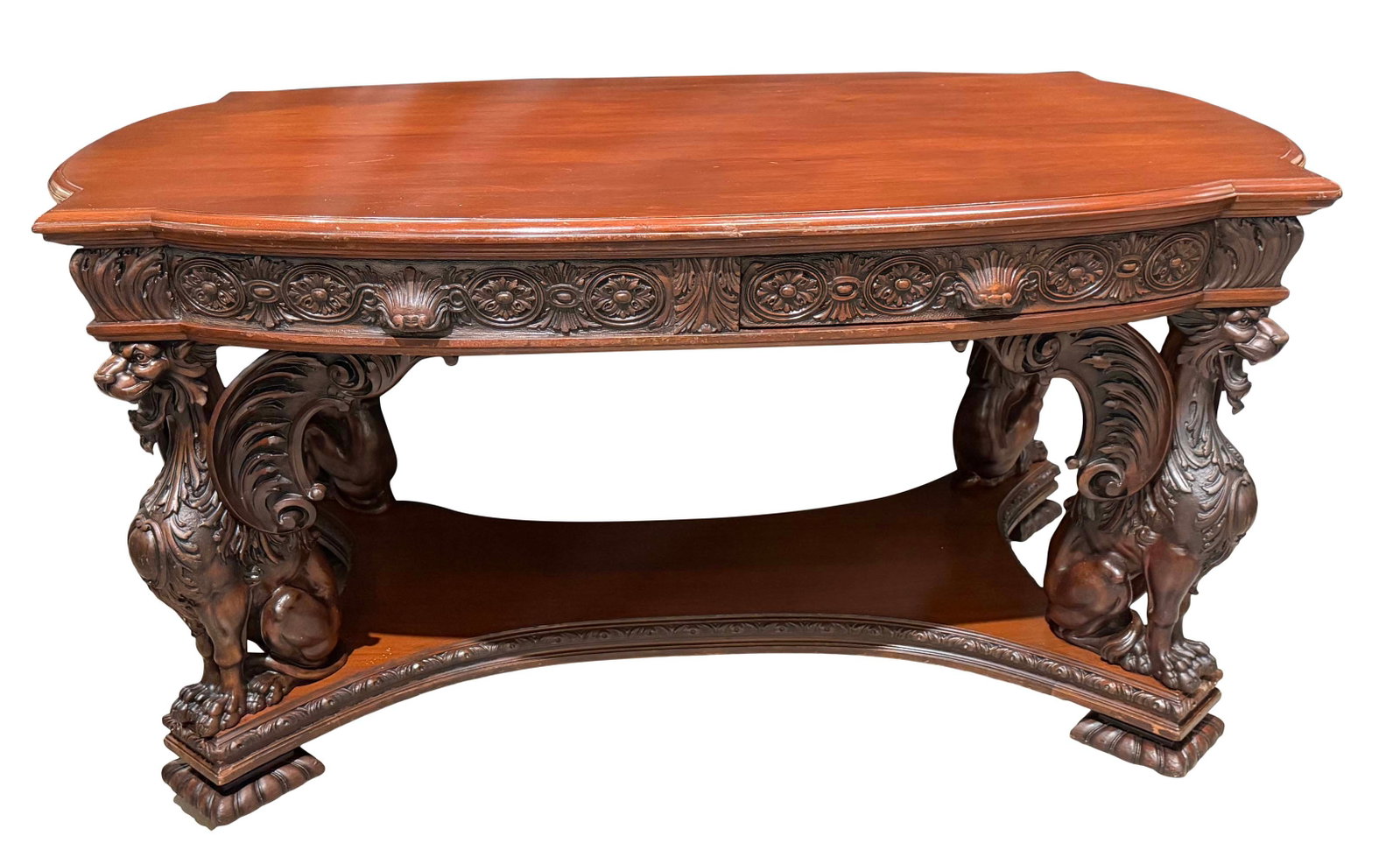ATTR: R.J. HORNER - FULL STANDING WINGED GRIFFIN MAHOGANY LIBRARY DESK 30"H X 58"W X 38"D (1 of 4)