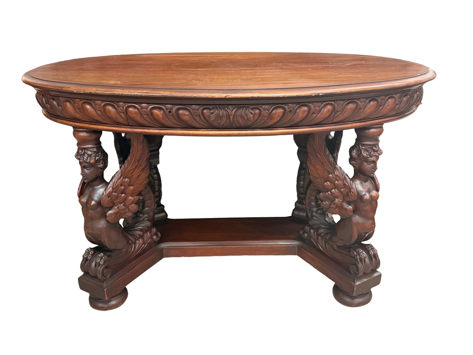 ATTR: R.J. HORNER - VERY RARE OVAL SHAPED MAHOGANY ONE DRAWER LIBRARY TABLE WITH WINGED LADY (1 of 3)