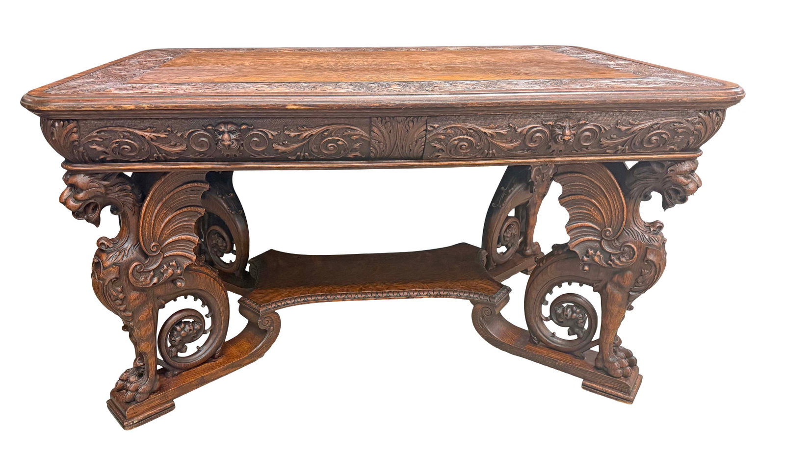 ATTR: R.J. HORNER - AMERICAN CARVED OAK FULL STANDING WINGED GRIFFIN LIBRARY DESK WITH CARVED (1 of 5)
