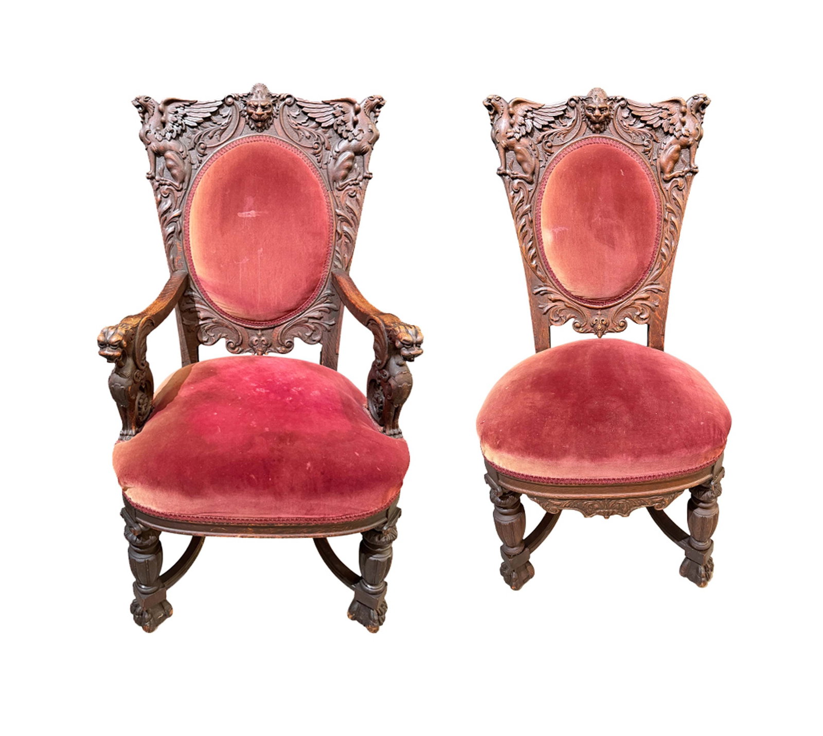 PAIR OF R.J. HORNER RARE CARVED OAK WINGED GRIFFIN CHAIRS, ORIGINAL FINISH, 1 ARM 47"H X 25"W, 1 (1 of 7)