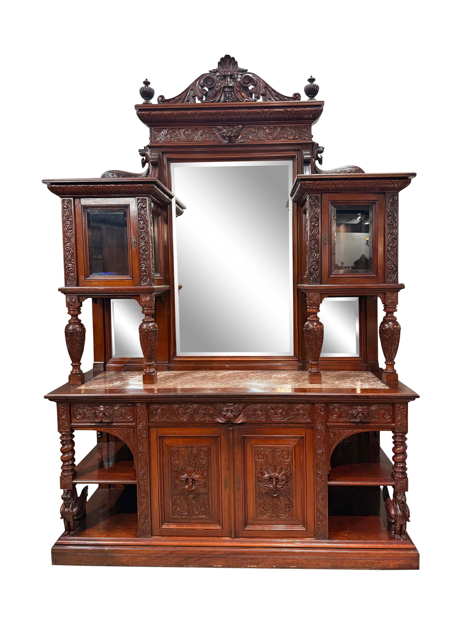 VERY LARGE CARVED MAHOGANY BACK BAR WITH MARBLE TOP, WINGED GRIFFINS, AND NORTHWIND FACES, 114"H X (1 of 6)