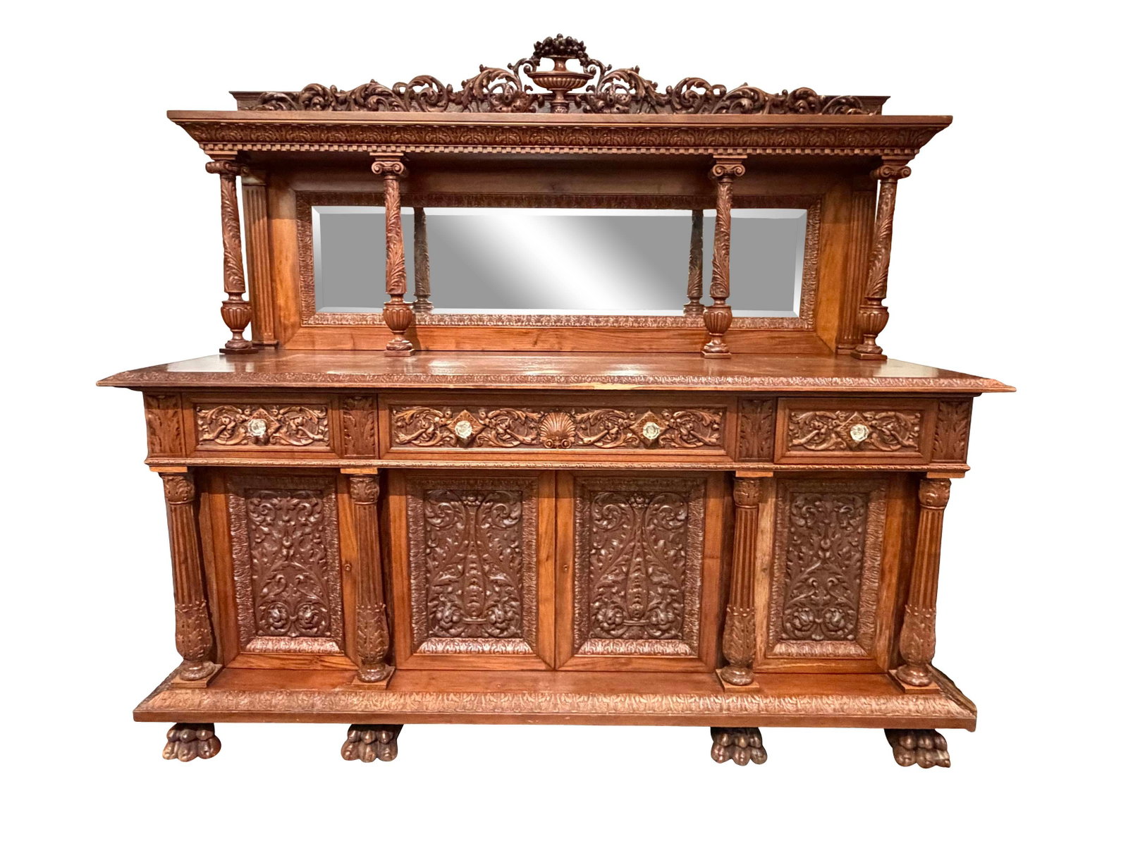 HEAVY CARVED MAHOGANY SIDEBOARD WITH FRUIT BASKET AND ACANTHUS LEAF CARVING WITH CLAW FEET, NEEDS (1 of 3)