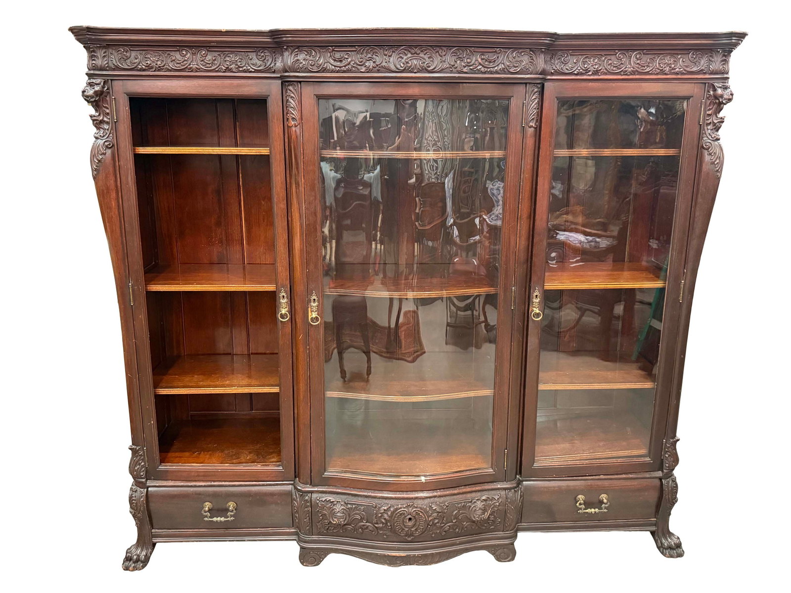 ATTR: R.J. HORNER - TRIPLE DOOR MAHOGANY BOOKCASE WITH SPRING LOADED HIDDEN DRAWER, MISSING ONE SIDE (1 of 3)