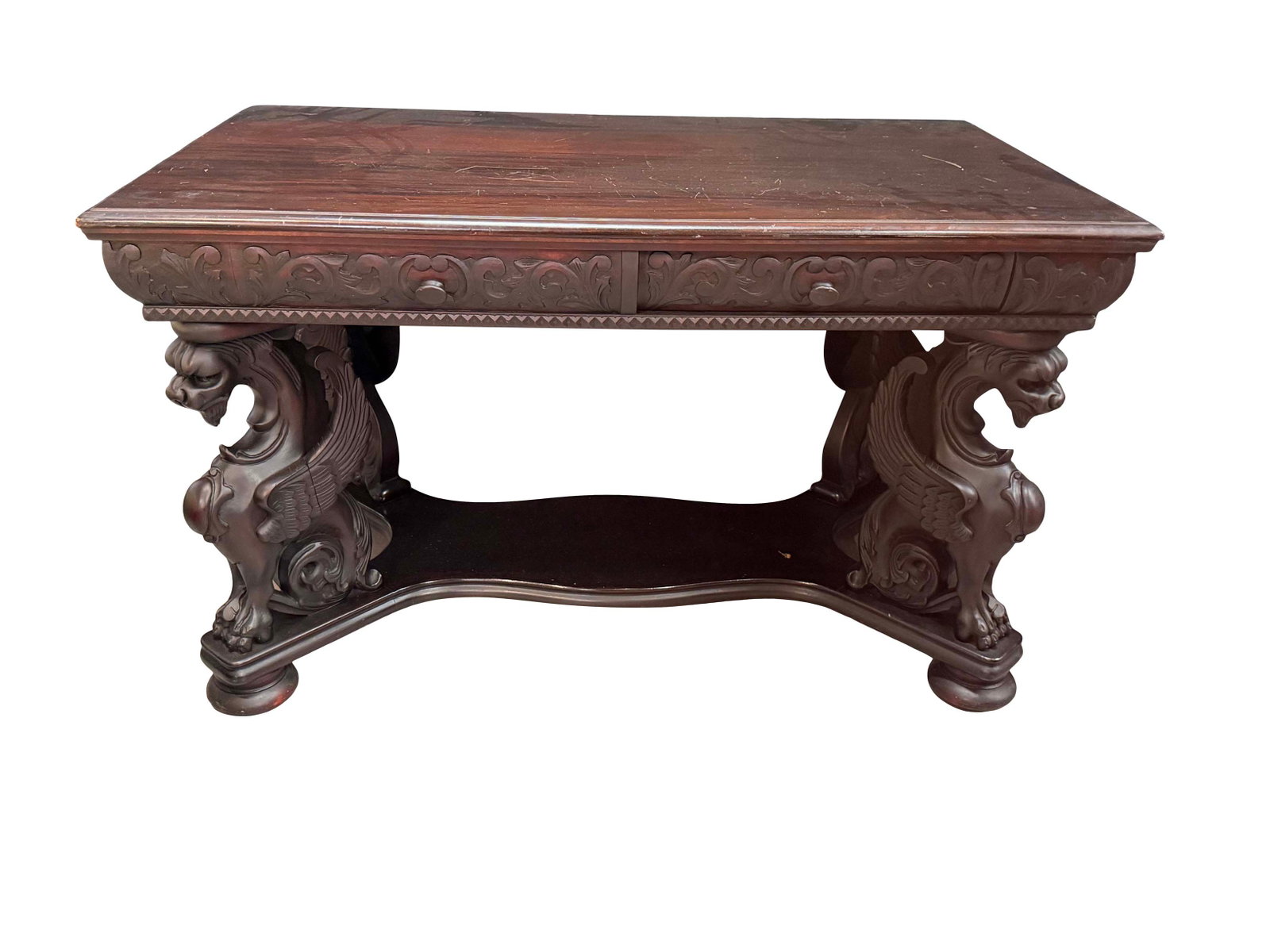 MAHOGANY STANDING WINGED GRIFFIN LIBRARY DESK 29"H X 50"W X 30"D (1 of 3)