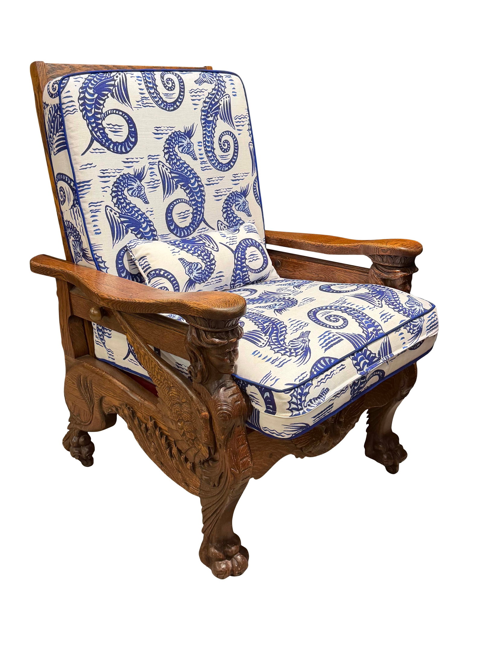 AMERICAN OAK MORRIS CHAIR WITH WINGED LADIES 40"H X 27"W X 30"D: AMERICAN OAK MORRIS CHAIR WITH WINGED LADIES 40"H X 27"W X 30"D