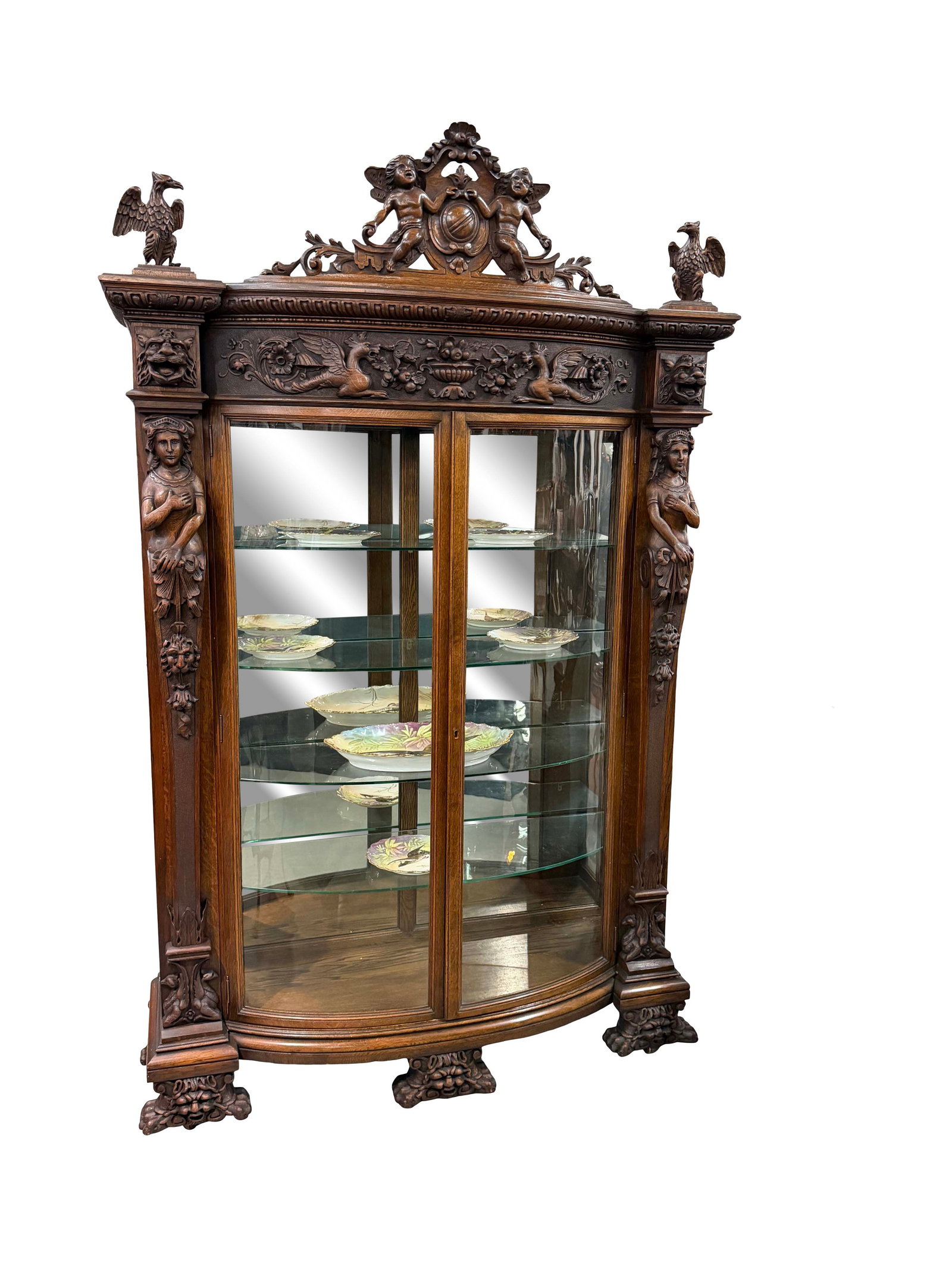 ATTR: R.J. HORNER - HEAVY CARVED AMERICAN OAK CURVED GLASS DOUBLE DOOR DISPLAY CABINET WITH ORIGINAL (1 of 6)
