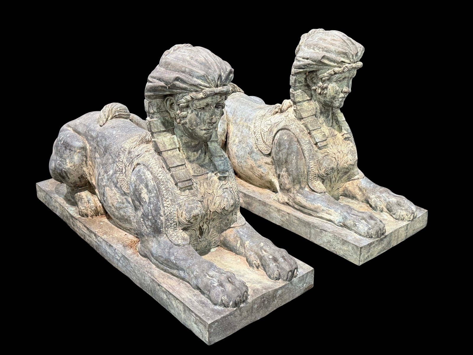 PAIR OF CAST BRONZE EGYPTIAN HEAD SPHINX STATUES WITH GREAT OUTDOOR PATINA 29"H X 17"W X 48"D EACH (1 of 9)