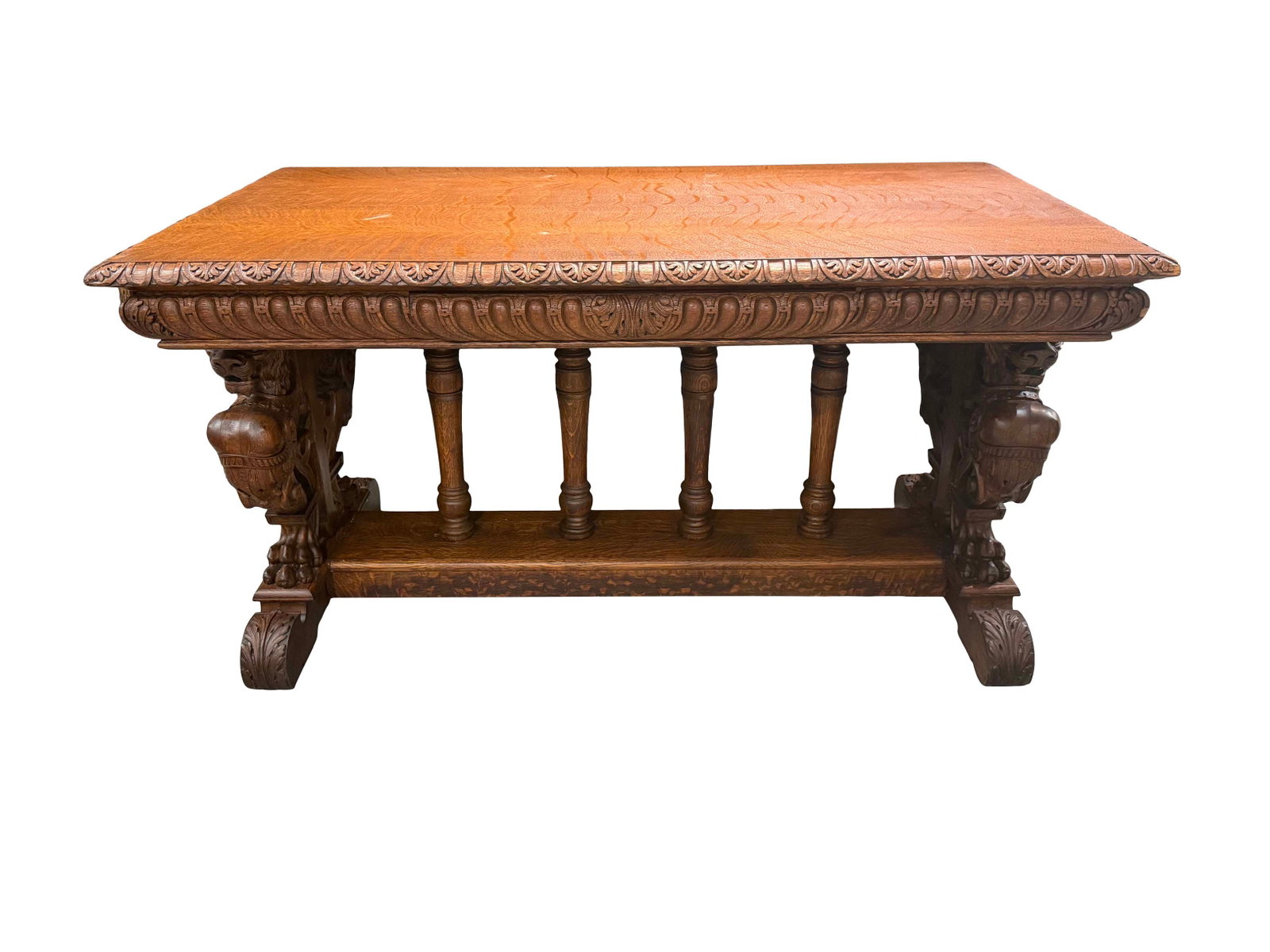 HEAVY CARVED OAK WINGED GRIFFIN LIBRARY TABLE WITH CARVED LADY BUST WITH A SPRING LOADED HIDDEN (1 of 4)