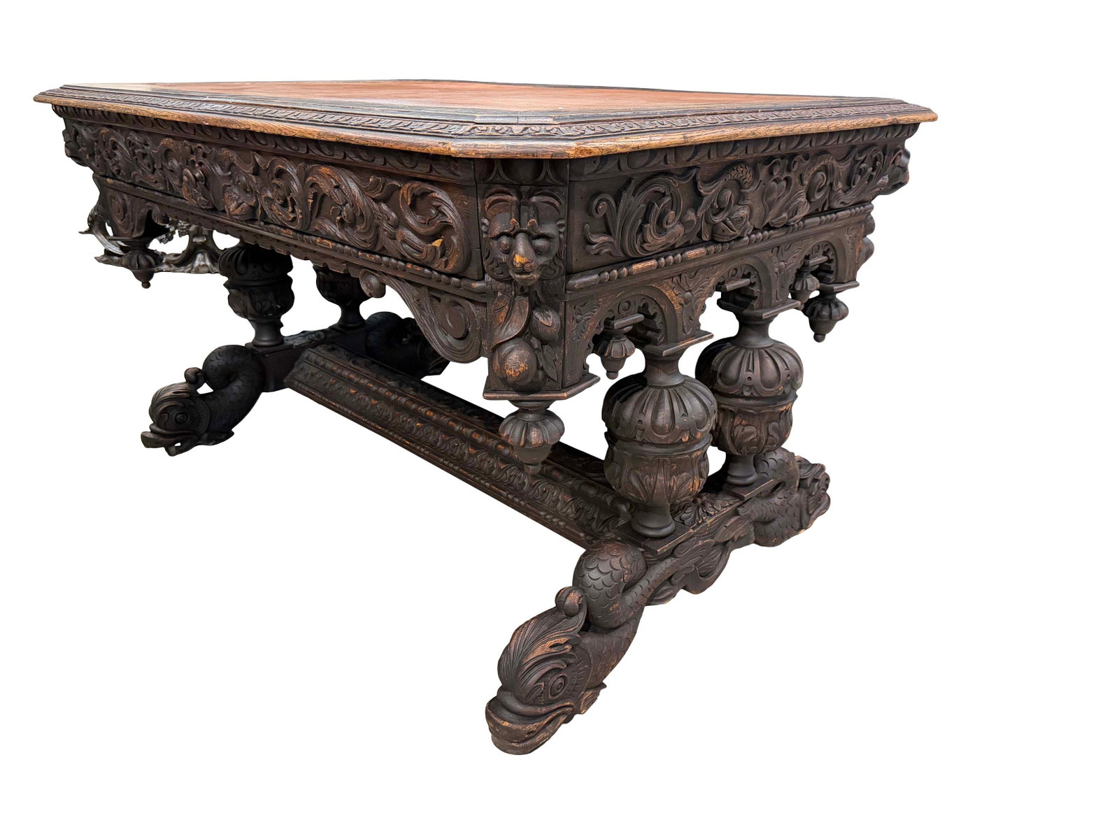 CARVED OAK LIBRARY DESK WITH CARVED DOLPHINS AND LEATHER TOP, 30"H X 56"W X 30"D (1 of 3)