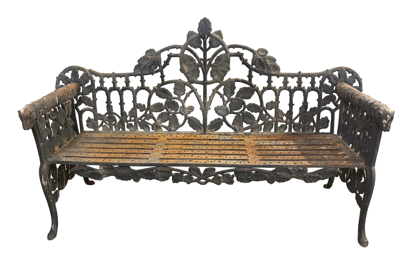 CAST IRON ORNATED GARDEN BENCH WITH RAM HEADS AND OAK LEAVES, 45"H X 71"W X 25"D (1 of 3)