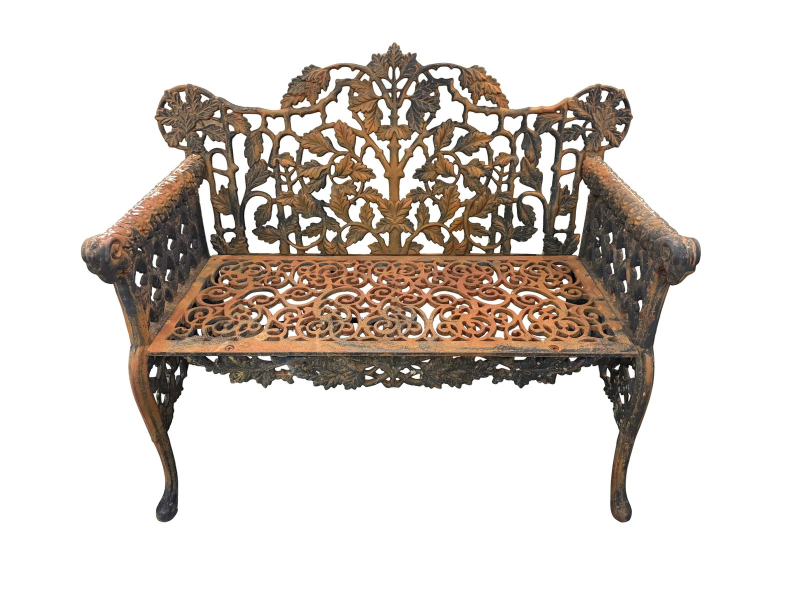 CAST IRON GARDEN BENCH WITH RAM HEADS AND OAK LEAVES, 34"H X 43"W X 22"D (1 of 2)