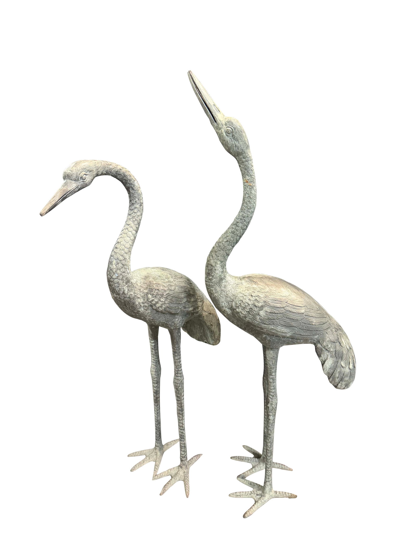 PAIR OF BRONZE CRANES GARDEN STATUES 42"H AND 36"H: PAIR OF BRONZE CRANES GARDEN STATUES 42"H AND 36"H