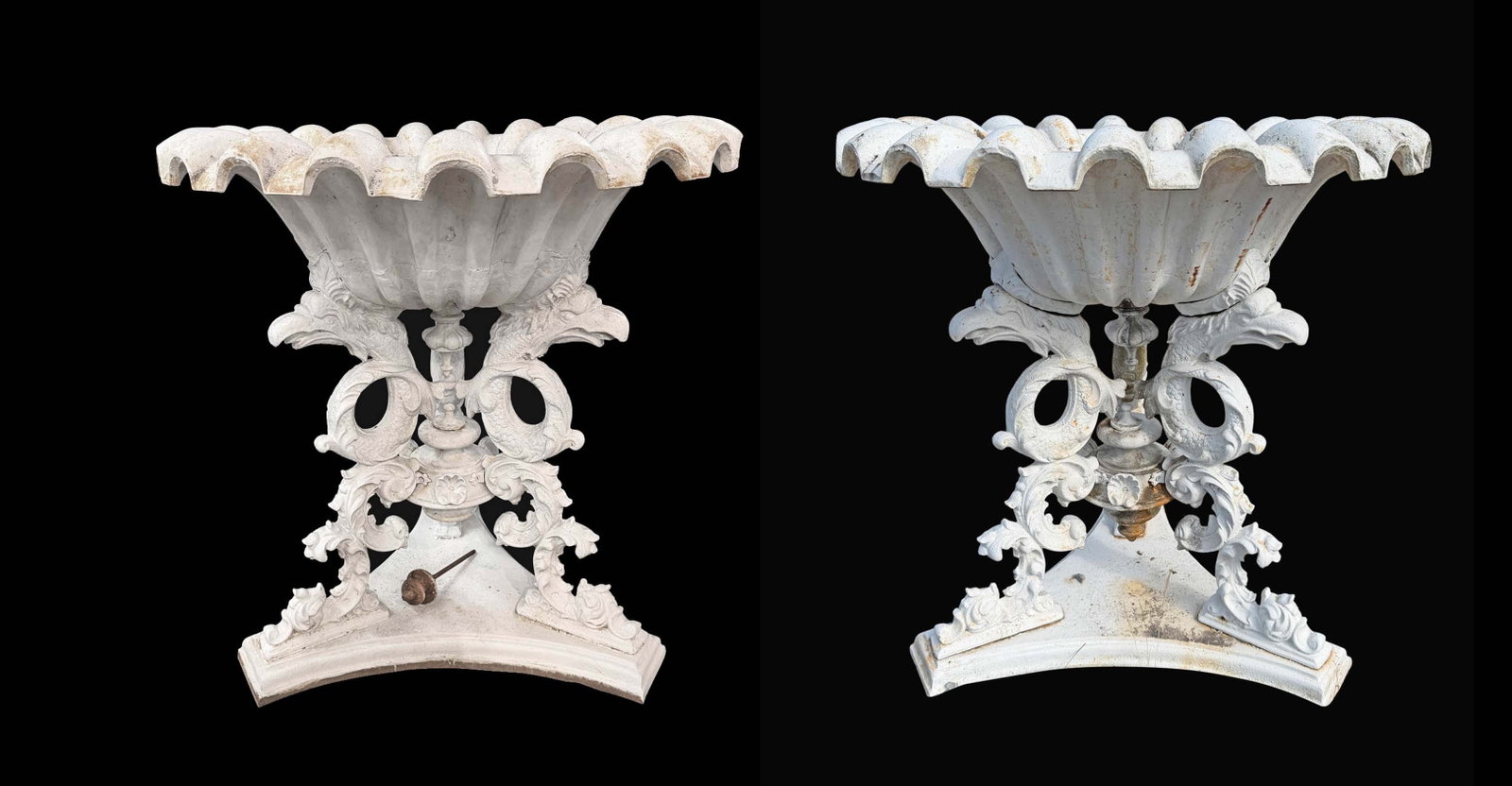 PAIR OF VERY LARGE HEAVY CAST IRON ORNATE GARDEN PLANTERS 48"H X 45"W EACH (1 of 6)