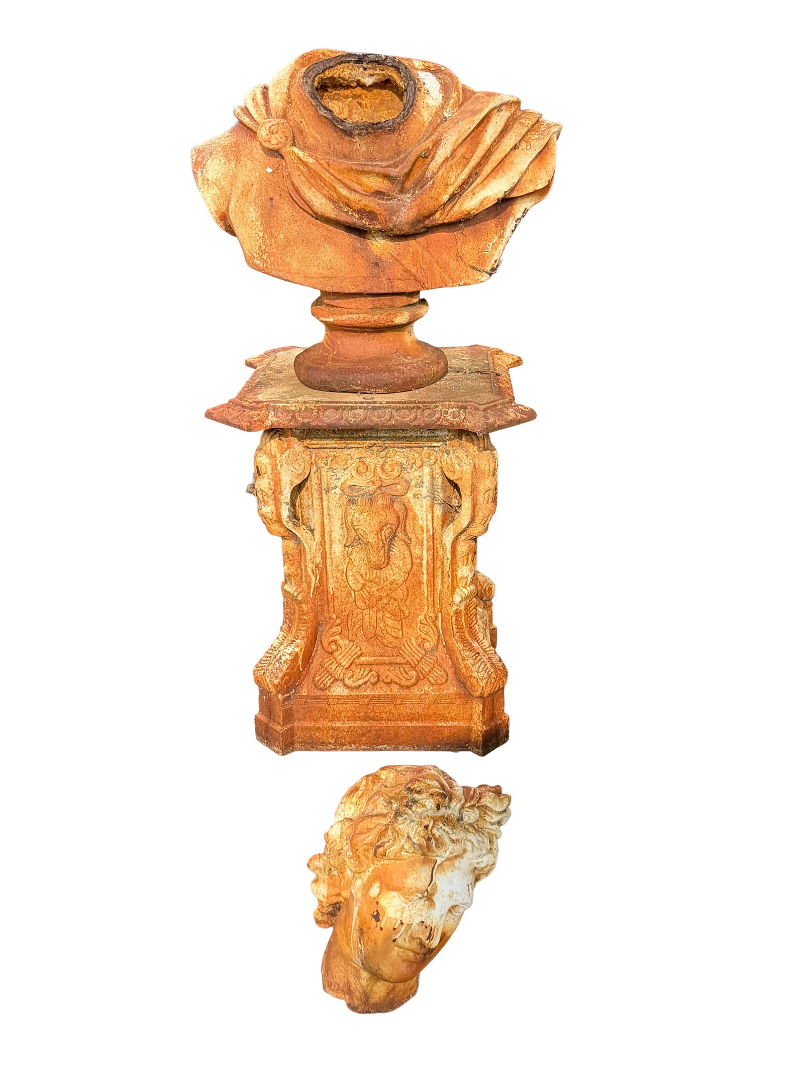 CAST IRON GARDEN STATUE WITH BROKEN HEAD, NEEDS TO BE WELDED, SITTING ON A CAST IRON PEDESTAL 58"H X (1 of 1)