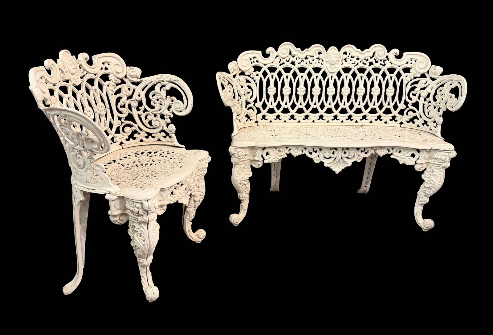 SET OF 2 VERY ORNATE CAST ALUMINUM GARDEN SETTEE AND CHAIR, SETTEE 30"H X 41"W X 18"D, CHAIR 30"H X (1 of 3)