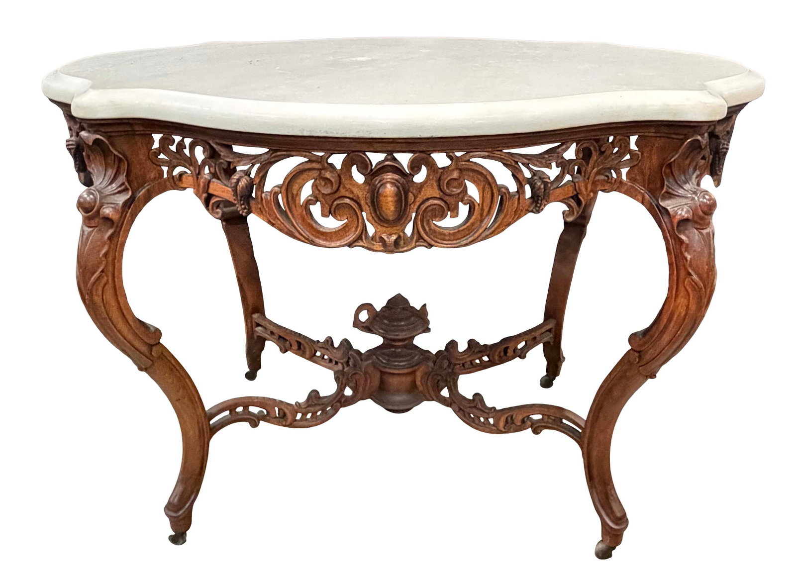 ATTR: J&J MEEKS PIERCED CARVED ROSEWOOD MARBLE TOP CENTER TABLE , 30"H X 42"W X 29"D (1 of 4)
