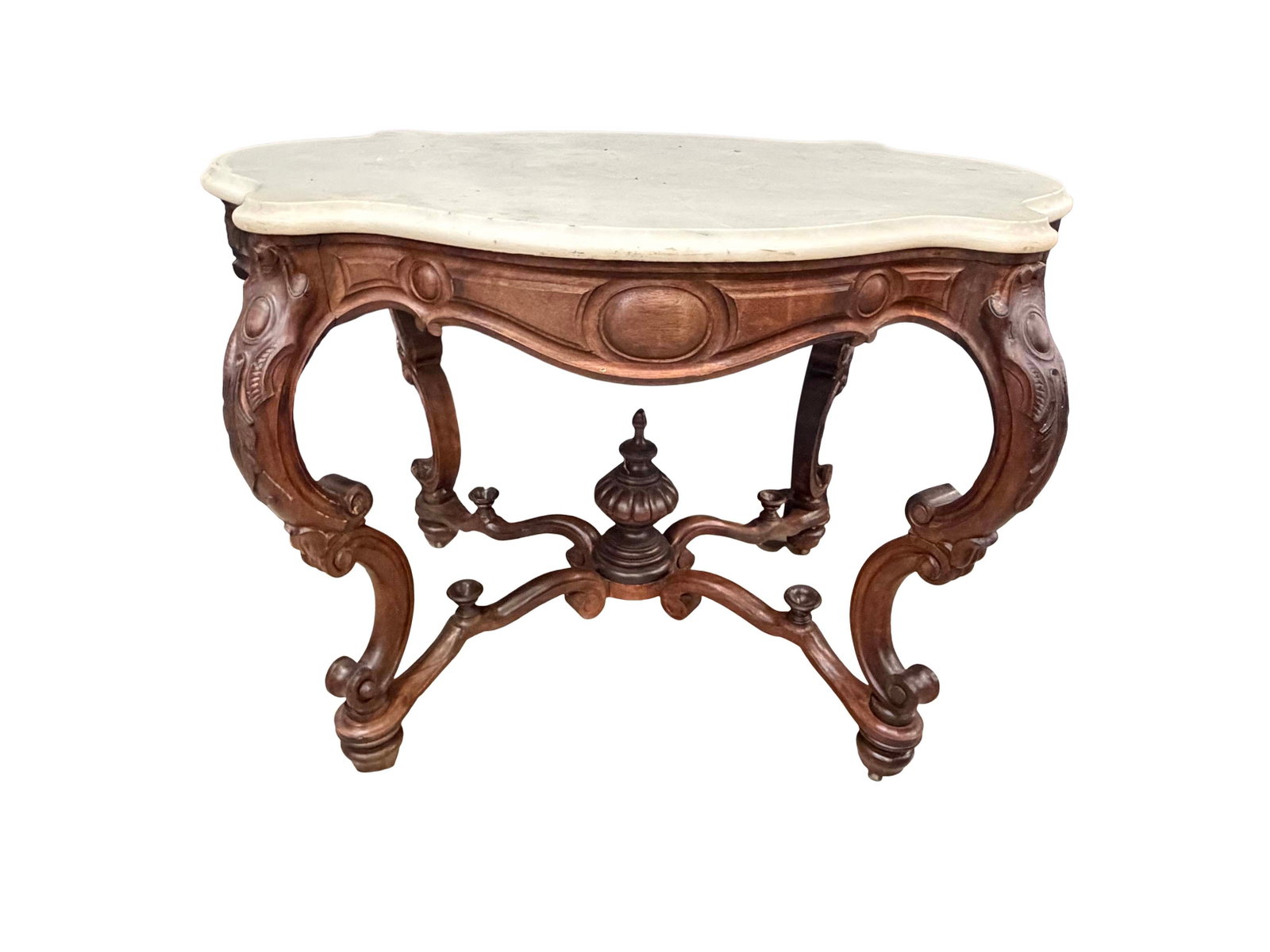 VICTORIAN ROSEWOOD MARBLE TOP CENTER TABLE WITH FINIAL STRETCHER BASE 29"H X 39"W x 27"D (1 of 3)