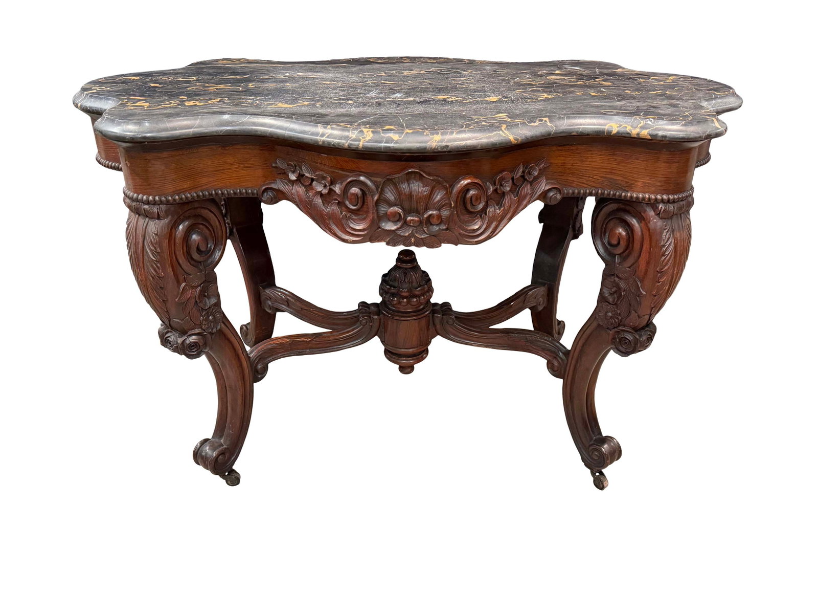 LARGE ROSEWOOD ROCOCO CENTER TABLE WITH TURTLE TOP BLACK AND GOLD MARBLE, SEVERAL CHIPS AND HAIRLINE (1 of 6)