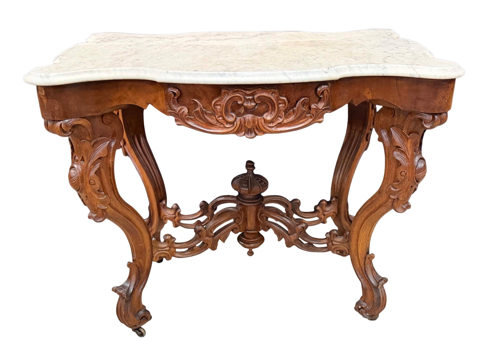 WALNUT FANCY SHAPED ORNATE MARBLE TOP CENTER TABLE 30"H X 38"W X 26"D (1 of 5)