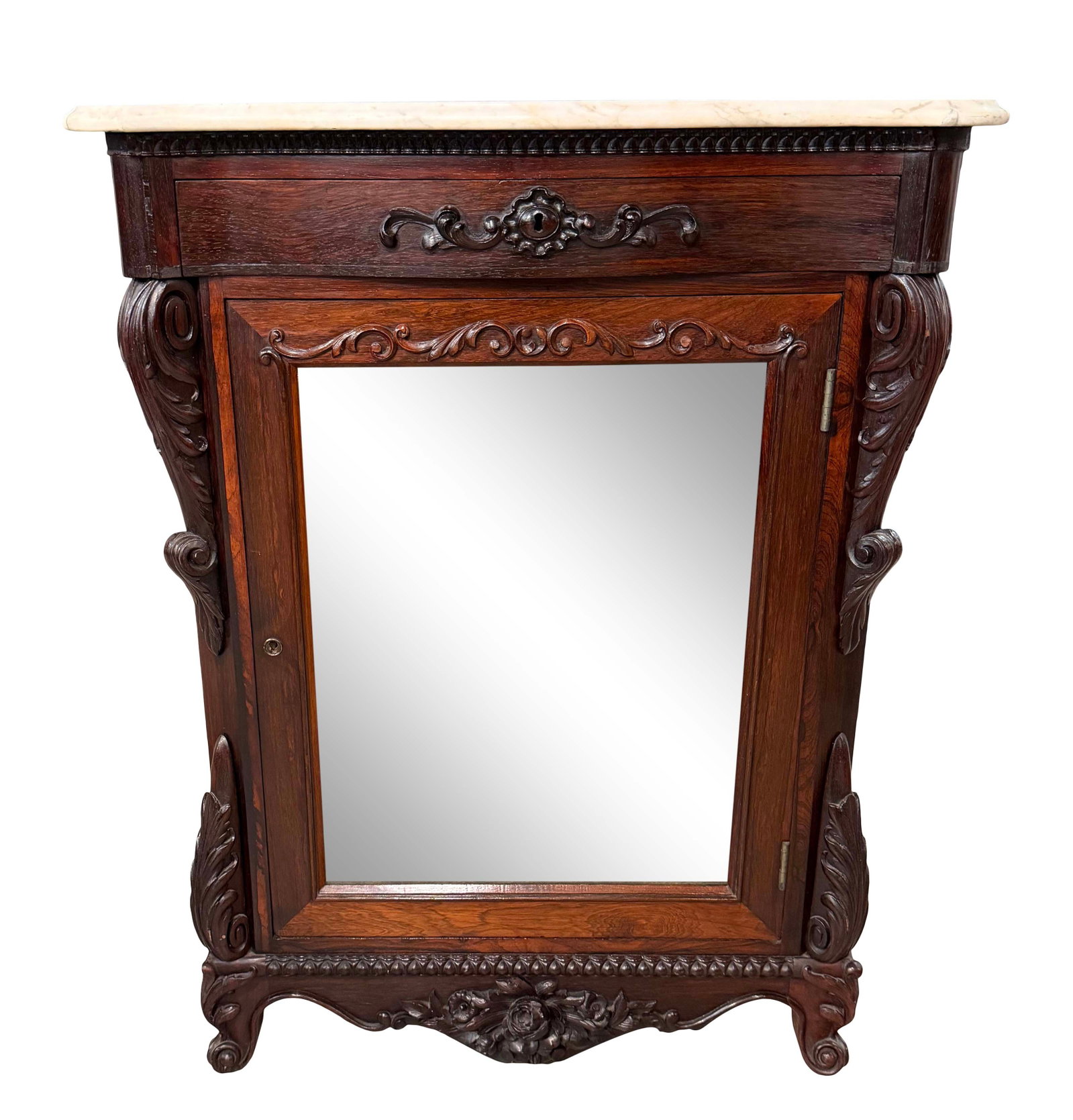 ROSEWOOD MARBLE TOP ONE DOOR PARLOR CABINET 41"H X 33"W X 21 1/2" D (1 of 3)