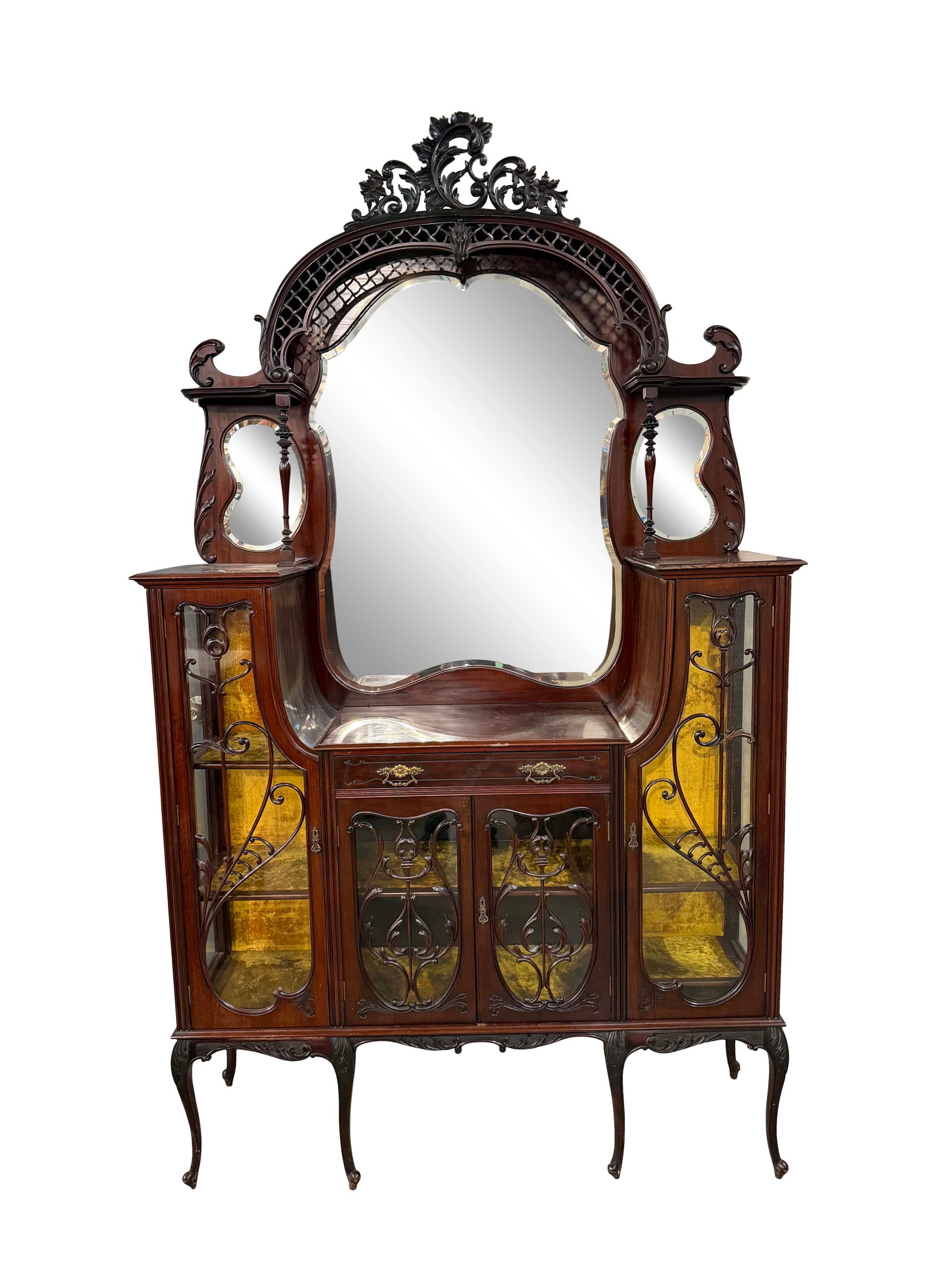 ENGLISH ROCOCO MAHOGANY FANCY ETAGERE DISPLAY CABINET, ONE SIDE DOOR GLASS HAS A HAIRLINE CRACK,96"H (1 of 4)
