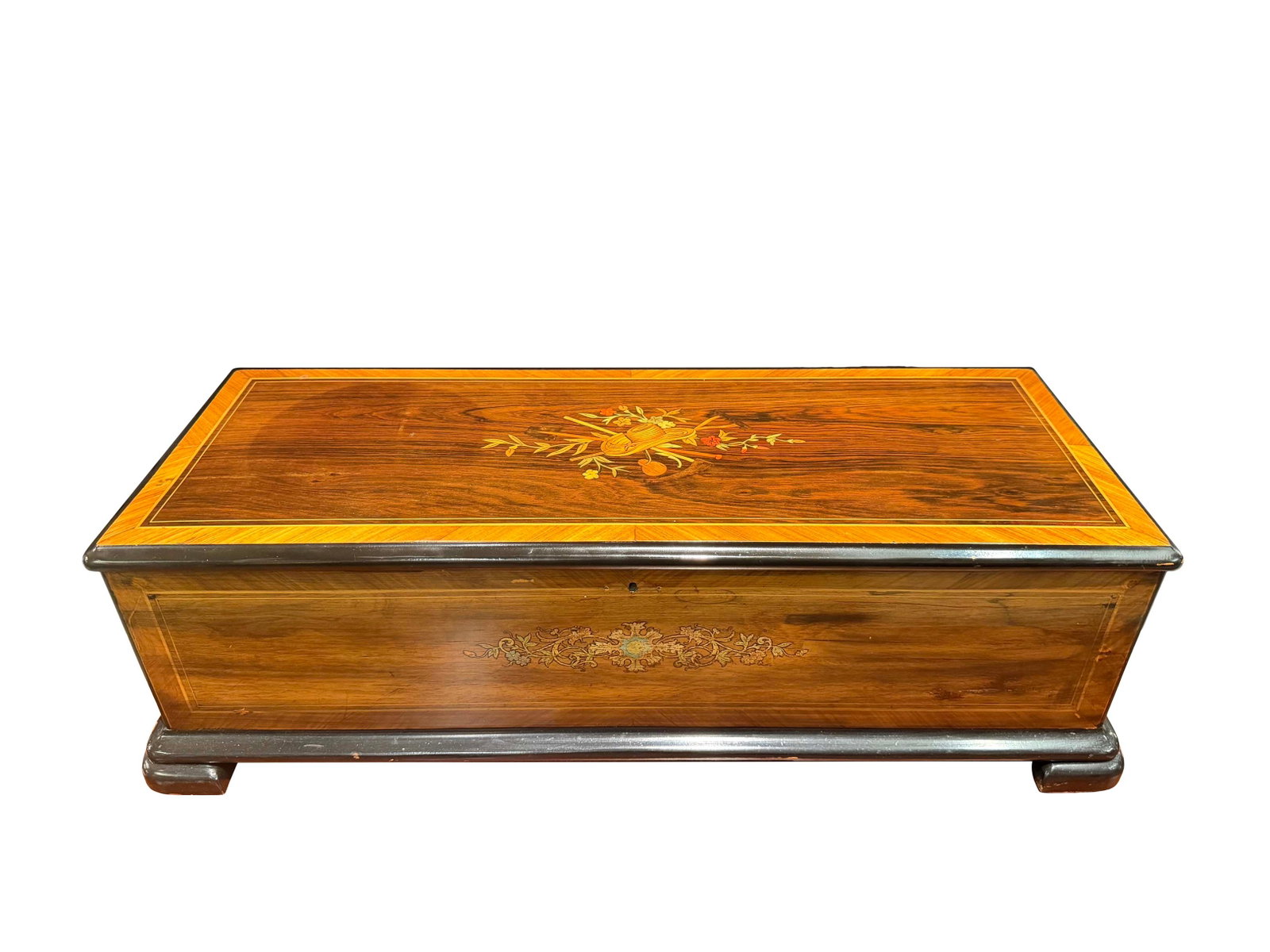 SWISS CYLINDER PLAYER MUSIC BOX WITH ROSEWOOD CASE W/ MARQUETRY INLAY, WORKING CONDITION 9"H X 32"W (1 of 4)