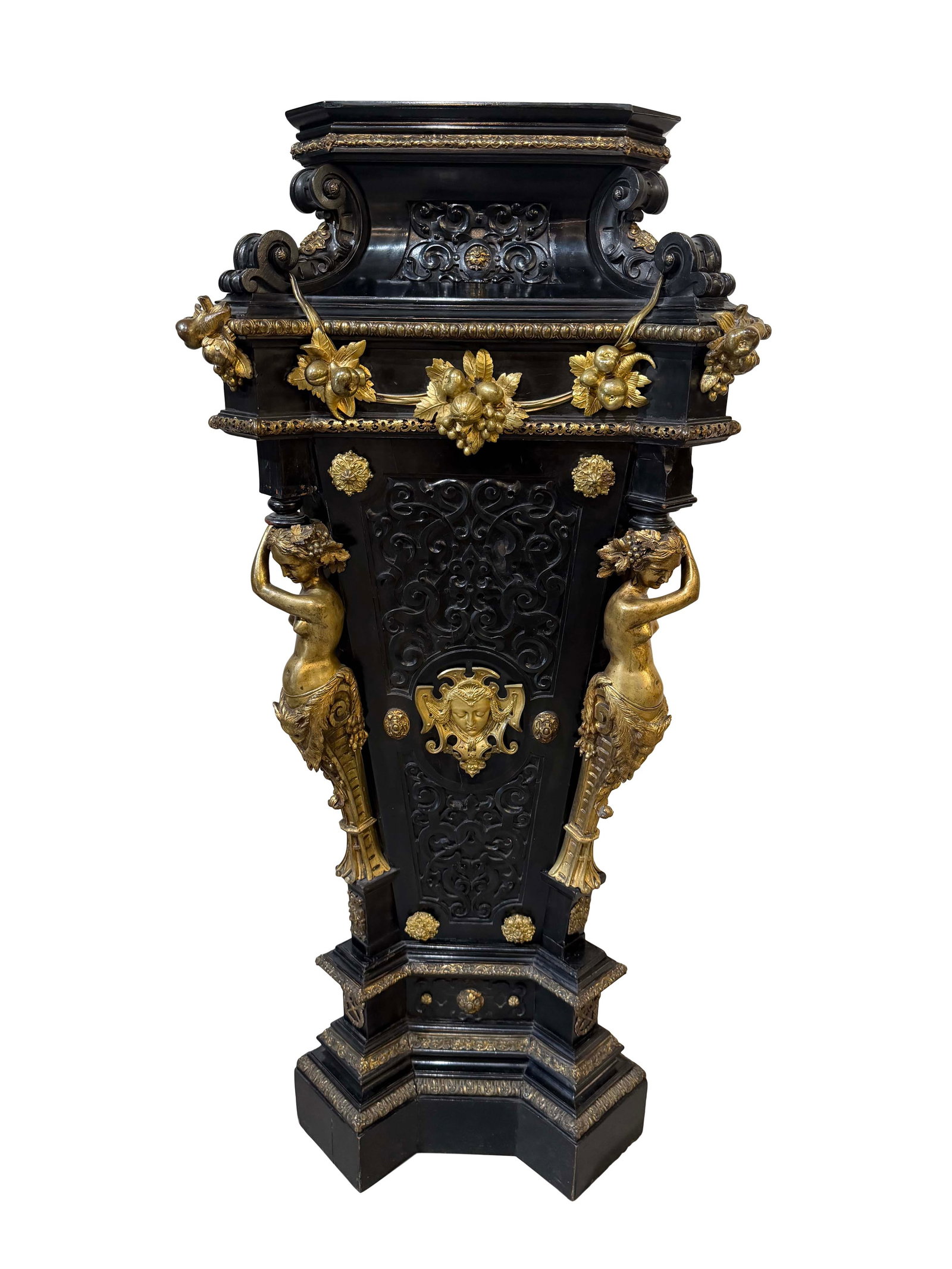 EBONIZED MONUMENTAL EXTRA TALL WALL PEDESTAL WITH HEAVY BRONZE LADY FIGURAL MOUNTS, 58"H X 26"W X (1 of 4)