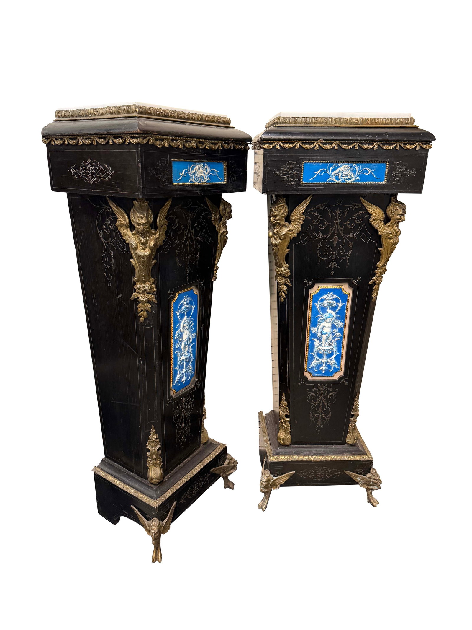 PAIR OF BLACK EBONIZED FRENCH WALL PEDESTALS WITH BRONZE MOUNTS, MAJOLICA PLAQUES, AND WHITE MARBLE (1 of 3)