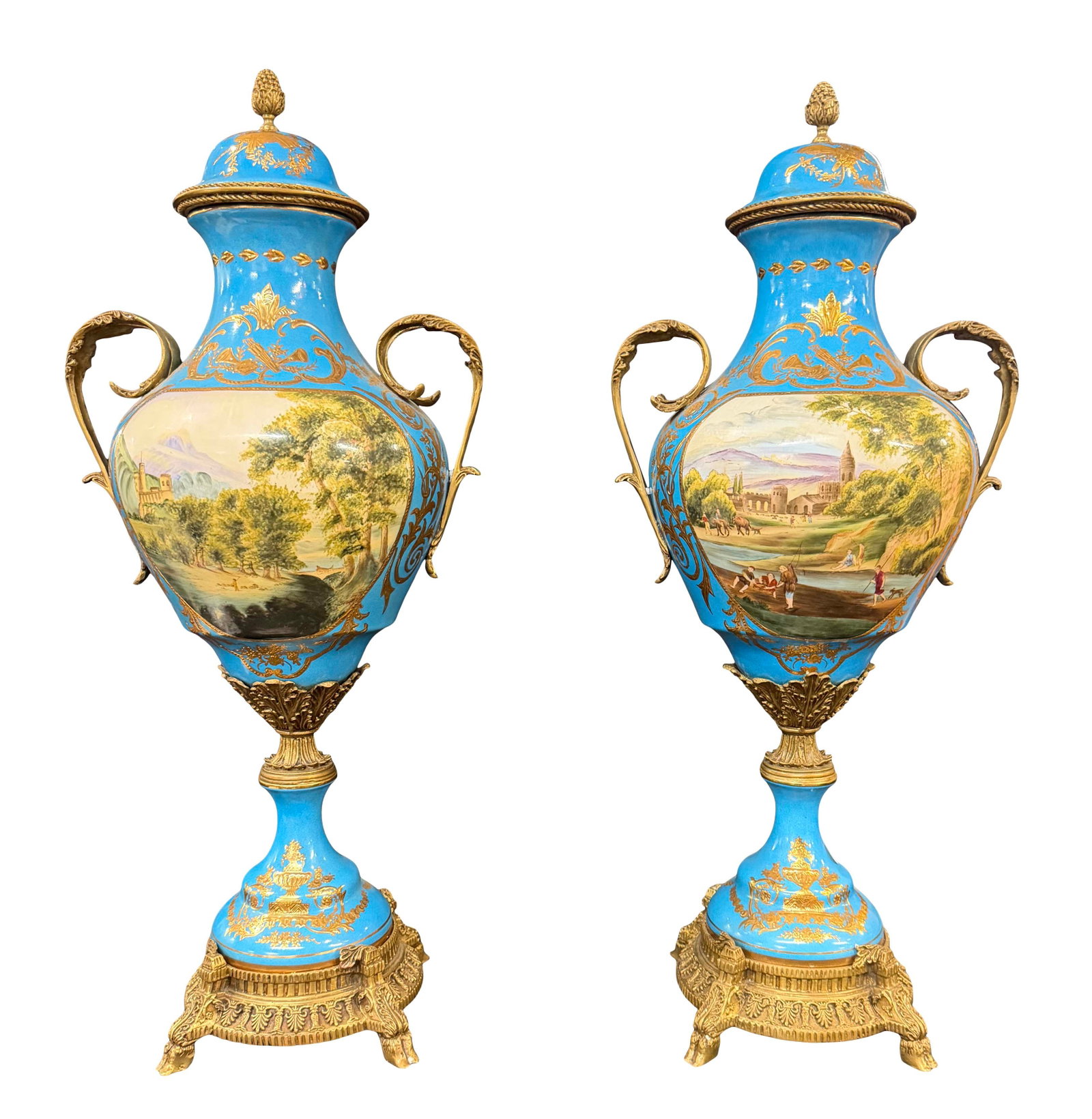 PAIR OF PORCELAIN URNS WITH LIDS AND BRONZE MOUNTS, SEVRES' STYLE, 26"H X 11"W (1 of 2)