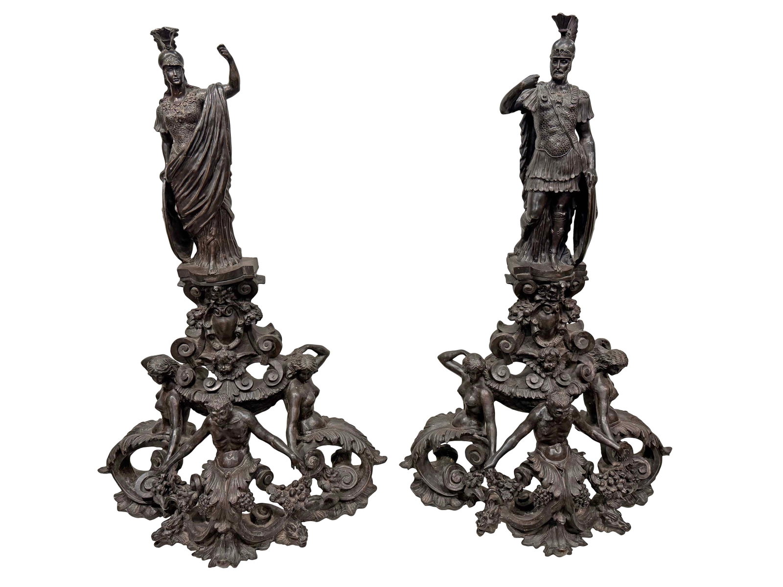 PAIR OF HEAVY MONUMENTAL SIZE ORNATE BRONZE ANDIRONS WITH STANDING SOLDIERS, 46"H X 26"W - EACH (1 of 3)